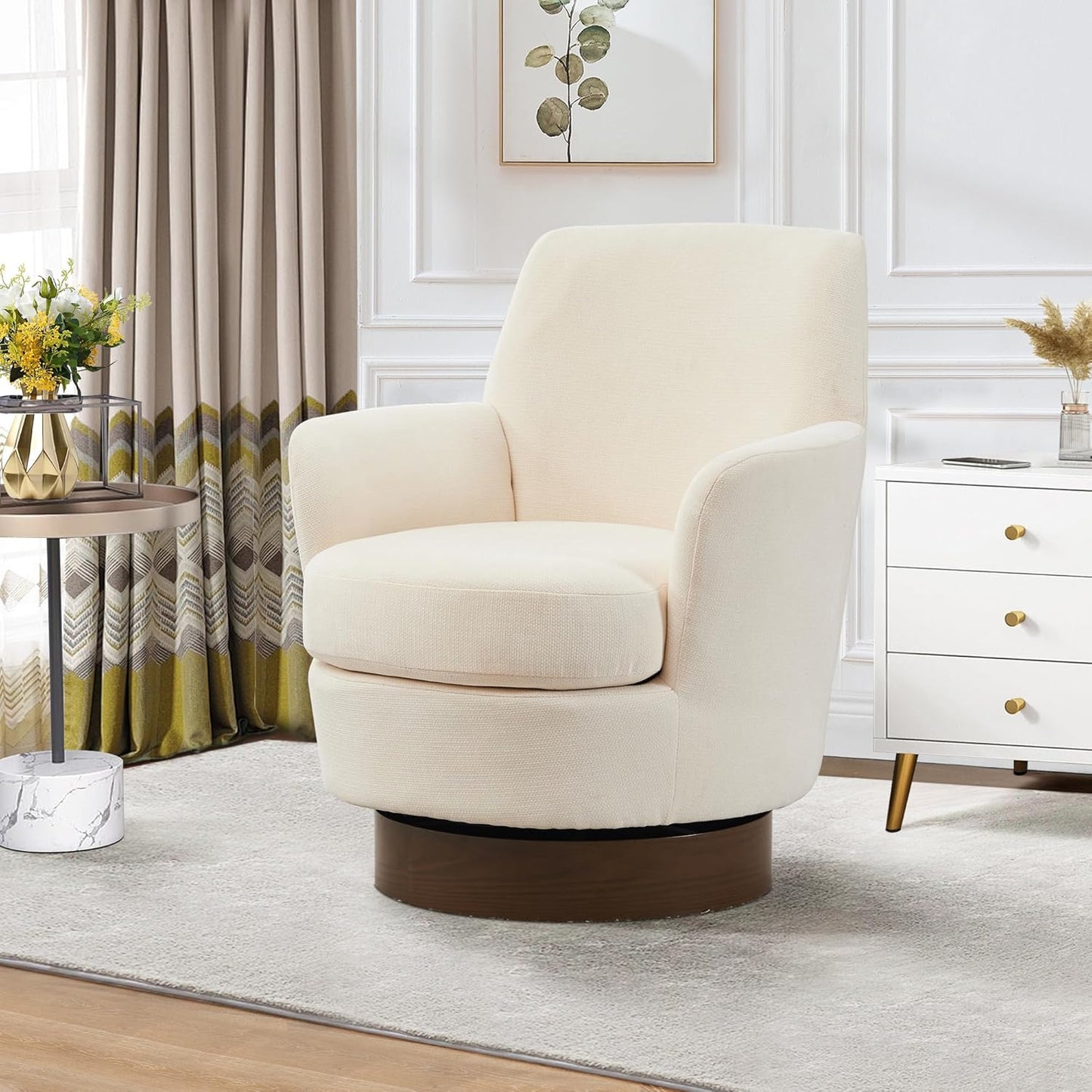 Swivel Barrel Chair Set of 2, Linen Modern Swivel Accent Chairs Armchair with Gold Stainless Steel Base, Reading Chair for Bedroom Comfy Round Barrel Chair for Living Room, Beige