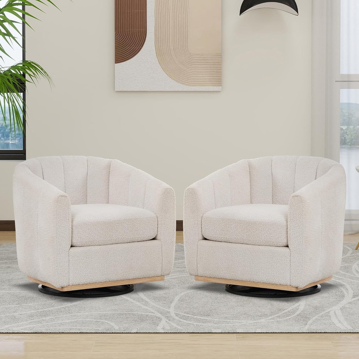 Aoiy & Wifon 32.33" W Swivel Accent Barrel Chair, Round Living Room Swivel Chair, Boucle, Ivory