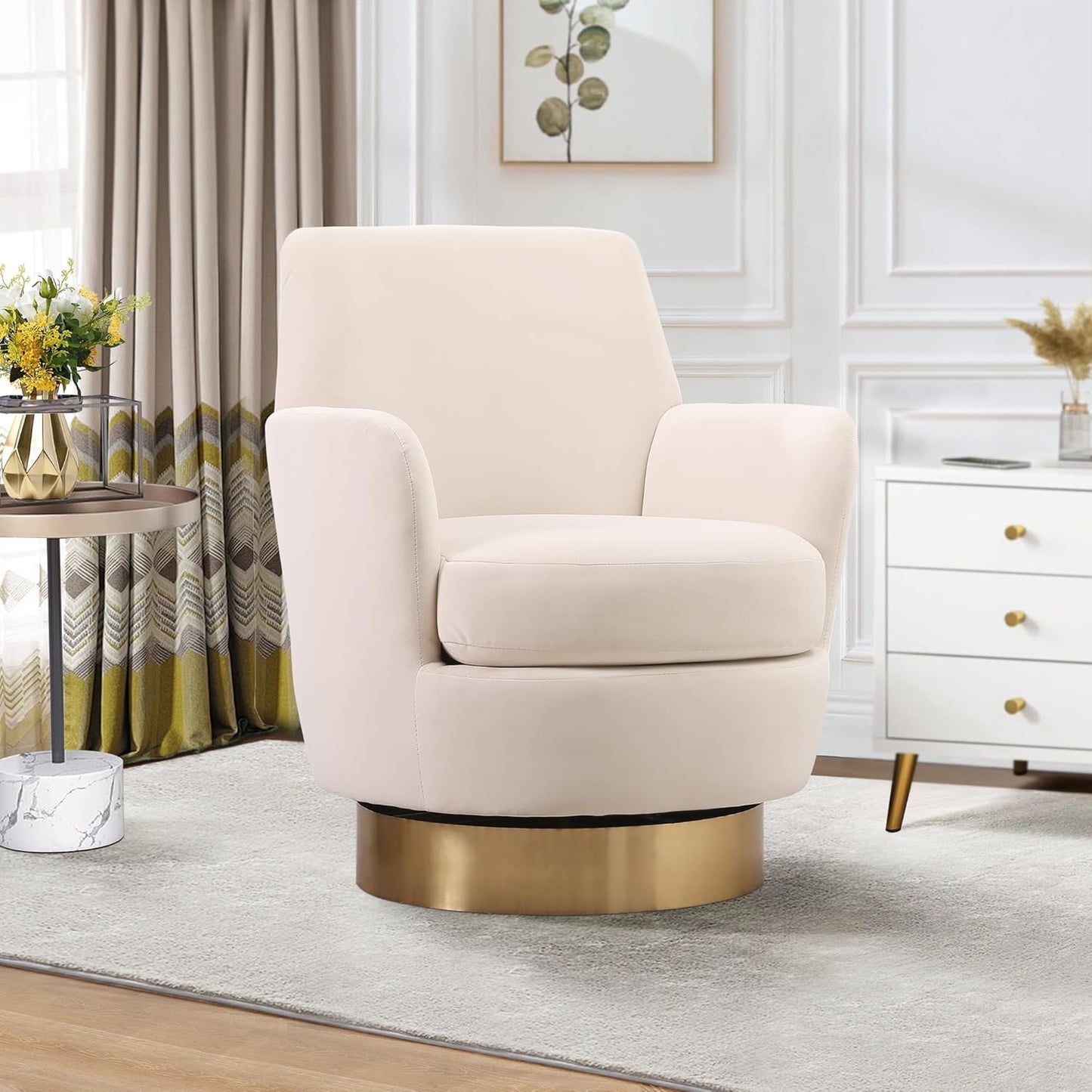 Swivel Barrel Chair Set of 2, Linen Modern Swivel Accent Chairs Armchair with Gold Stainless Steel Base, Reading Chair for Bedroom Comfy Round Barrel Chair for Living Room, Beige