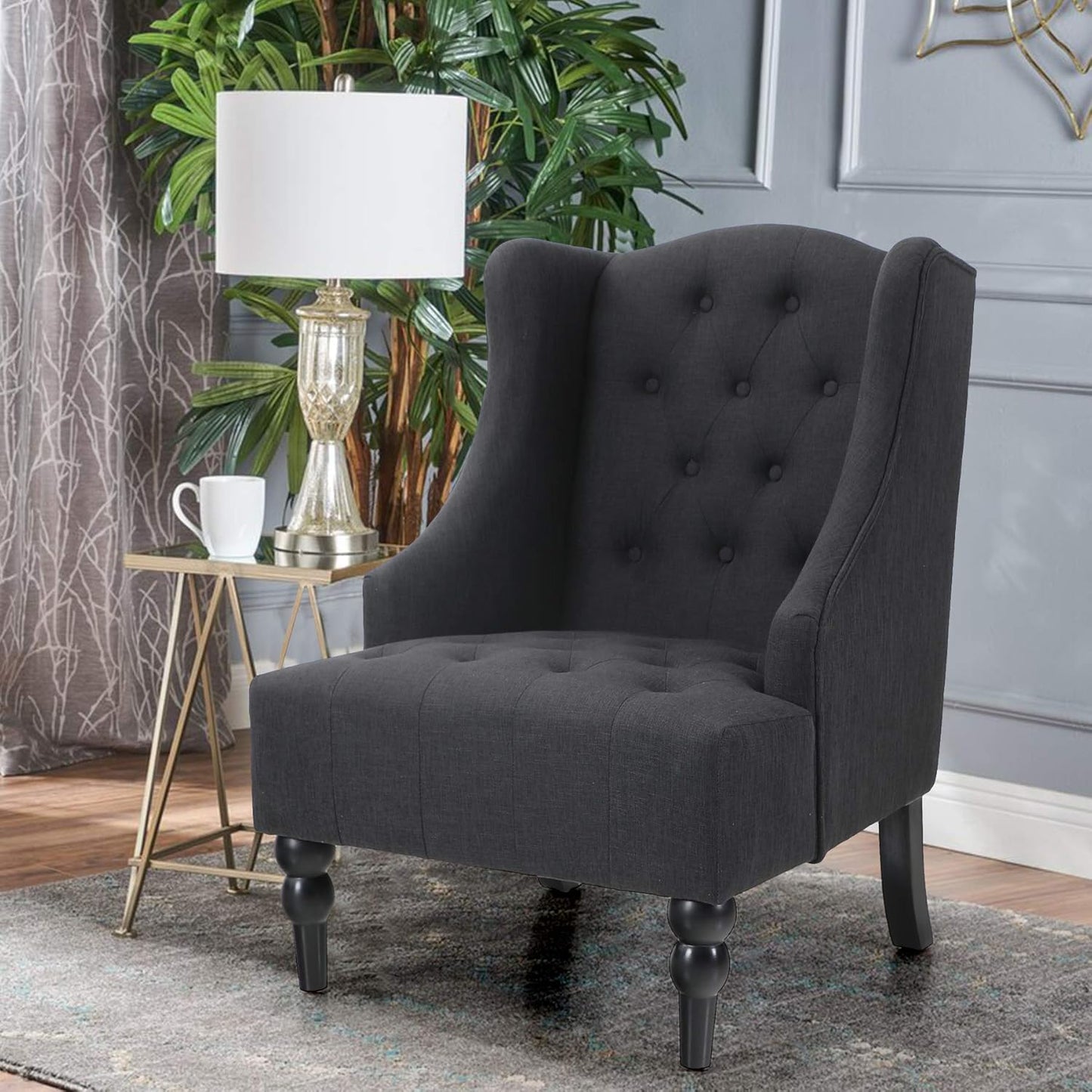ALPHA HOME Accent Living Room Chair Wingback Armchair High Back Swoop Button-Tufted Club Reading Chair Mid-Century Retro Modern Home Theater Seating Linen Fabric Upholstered, Light Beige