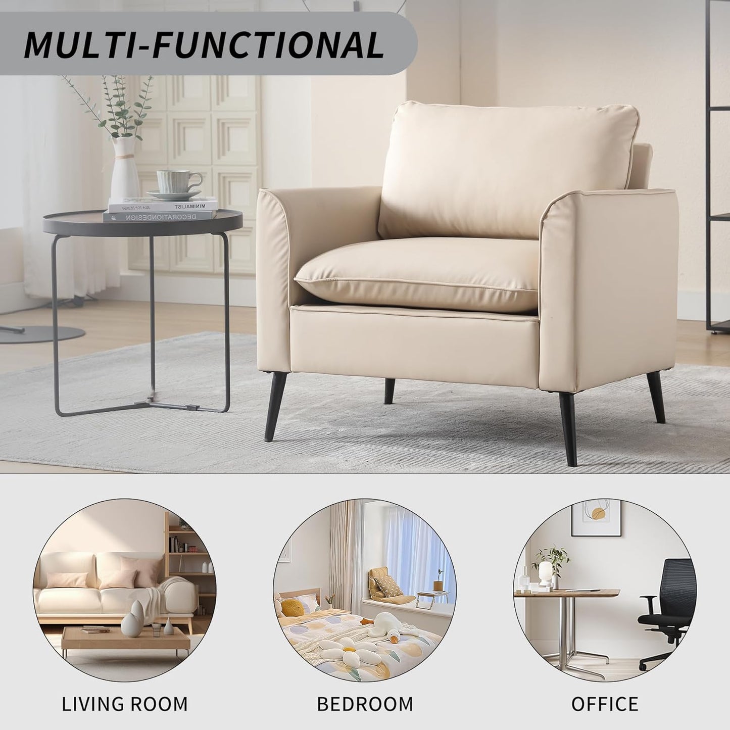 Beige Leather Accent Chairs Set of 2, Mid-Century Modern Accent Arm Chair with Black Metal Legs, Comfy Upholstered Reading Sofa Chair Reception Chairs for Living Room Bedroom Office