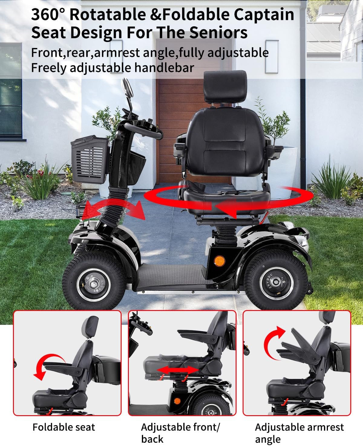 All Terrain Mobility Scooter for Seniors,Heavy-Duty 4 Wheel Mobility Scooters Mobility Scooter,Handicap Scooters for Adults with 3-Speed Travel Long (Black)
