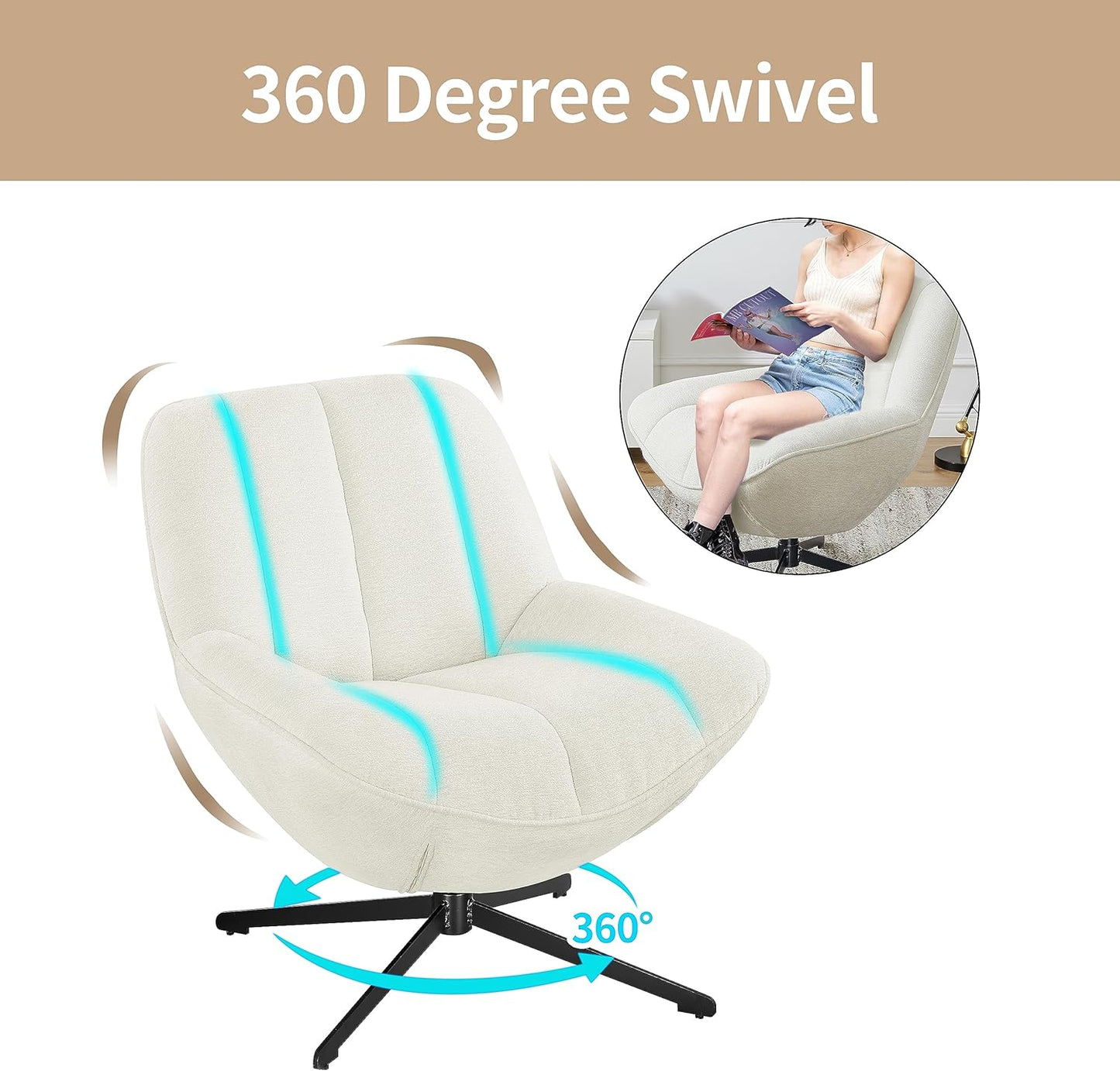 Art Leon Modern Swivel Accent Chair, Fabric upholstered Lounge Chair, Single Sofa Chair with Metal Legs, Comfy Reading Chair for Living Room Bedroom, Off White
