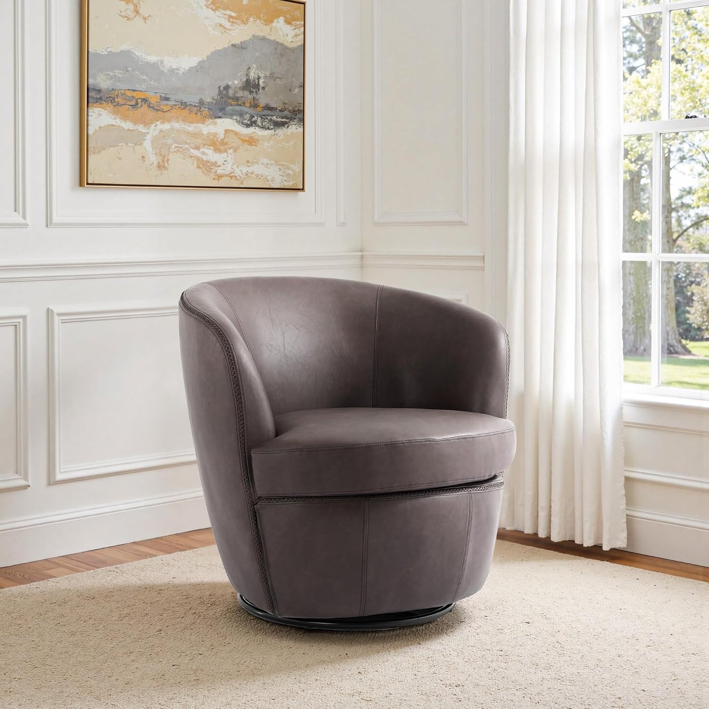 Swivel Barrel Chair, Modern Round PU Leather Accent Armchair for Living Room, Bedroom, Oversized Comfy Club Reading Chairs for Adults (Leather Red Brown, Set of 1)