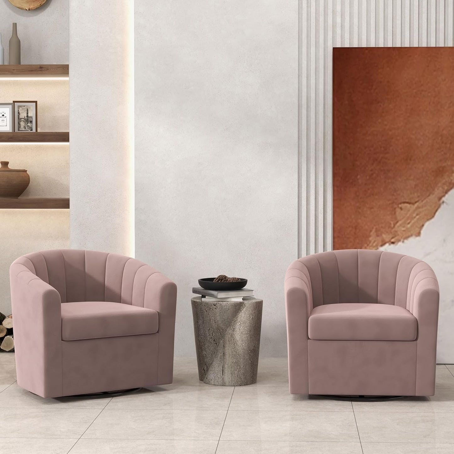Bonzy Home Swivel Barrel Chair, Modern Velvet Swivel Accent Chair with Channel Tufting, Soft Upholstered Armchair for Living Room Bedroom Office (White, 2 Pack)