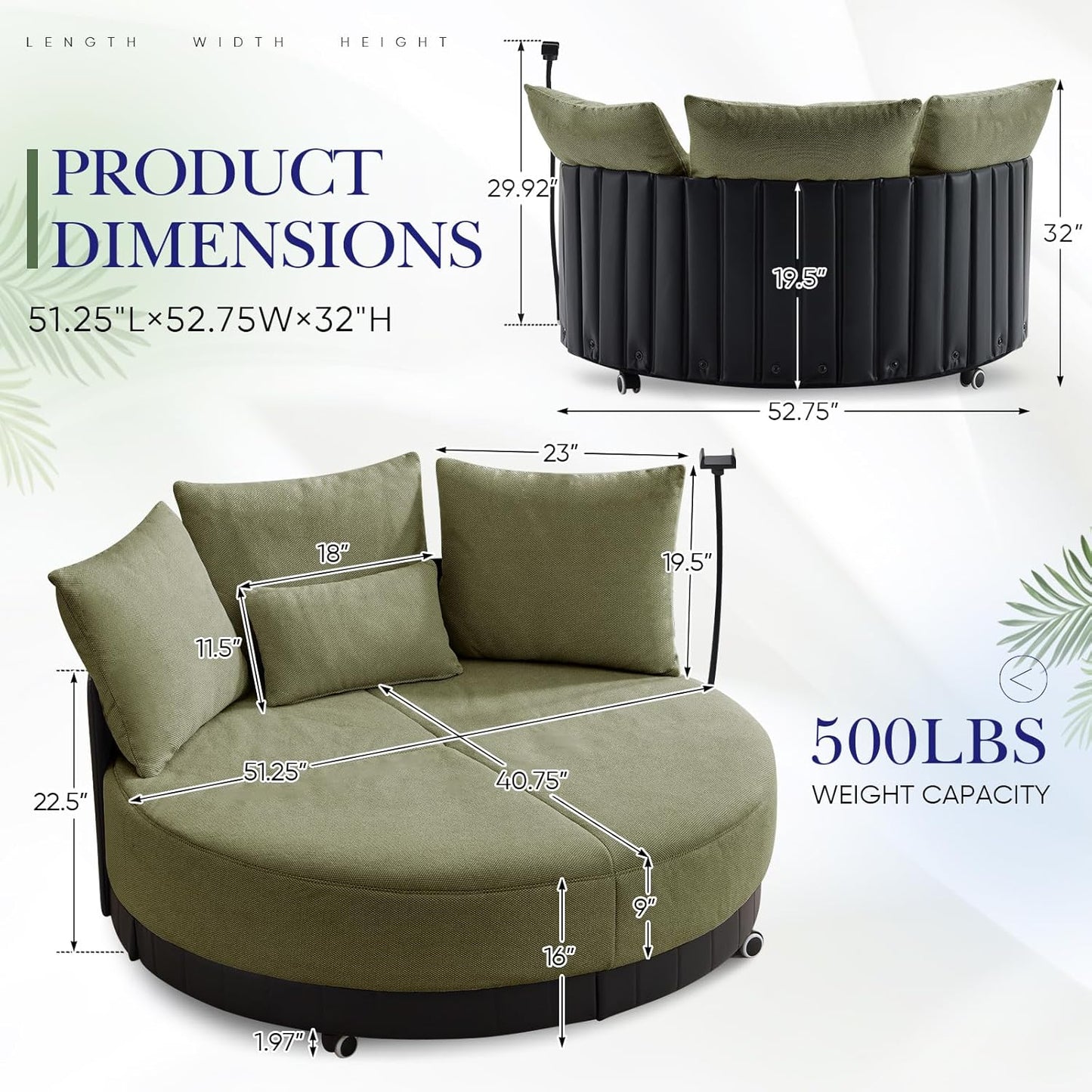 SLEERWAY Oversized Round Swivel Accent Chair, Large Circle Barrel Chair and A Half, Comfy Upholstered Lazy Sofa Couch with Phone Stand/Wheels, Chaise Lounge Daybed for Living Room, Bedroom, Green