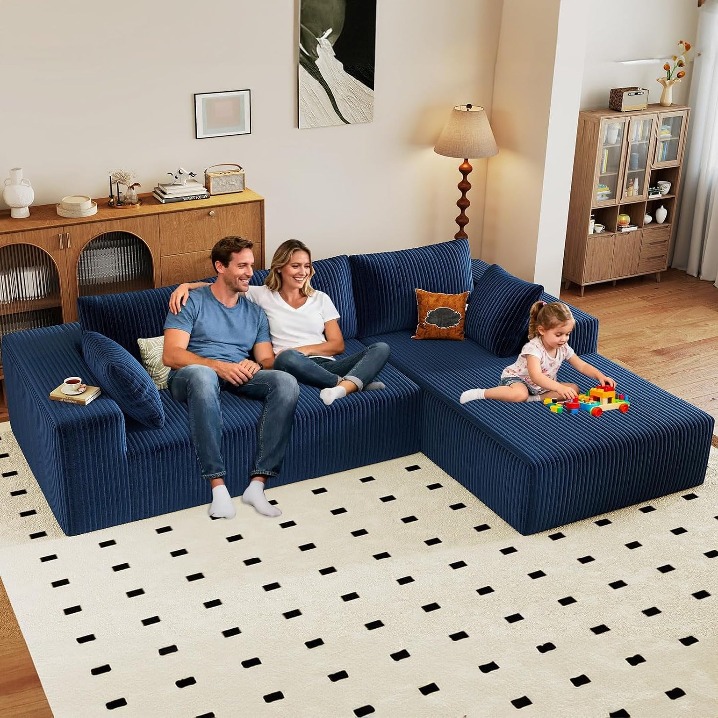 107" Modular Sectional Couches for Living Room, Comfy Boneless L Shaped Cloud Couch with Chaise Lounge, Modern Cozy Corduroy Deep Seat Floor Sofa, Memory Foam, No Assembly Required, Black