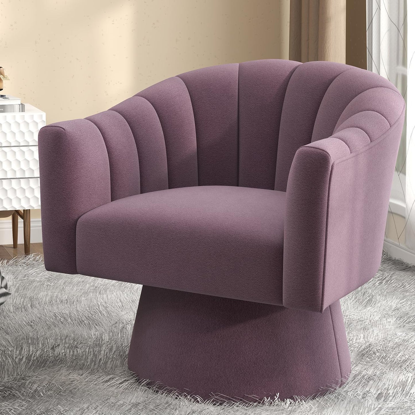 Swivel Accent Chair,Upholstered Velvet 360° Swivel Barrel Chair for Living Room Overstuffed Bouncle Reading Chair Round Armchair for Bedroom,Vanity,Office(Pink)