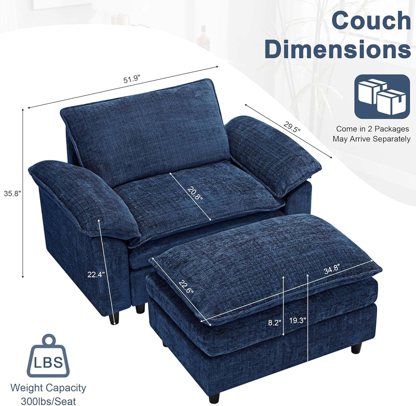 51.9" Blue Oversized Cloud Accent Chair with Ottoman, Modern Chaise Lounge Indoor, Comfy Chenille Single Sofa Couch Chair for Living Room Apartment Office