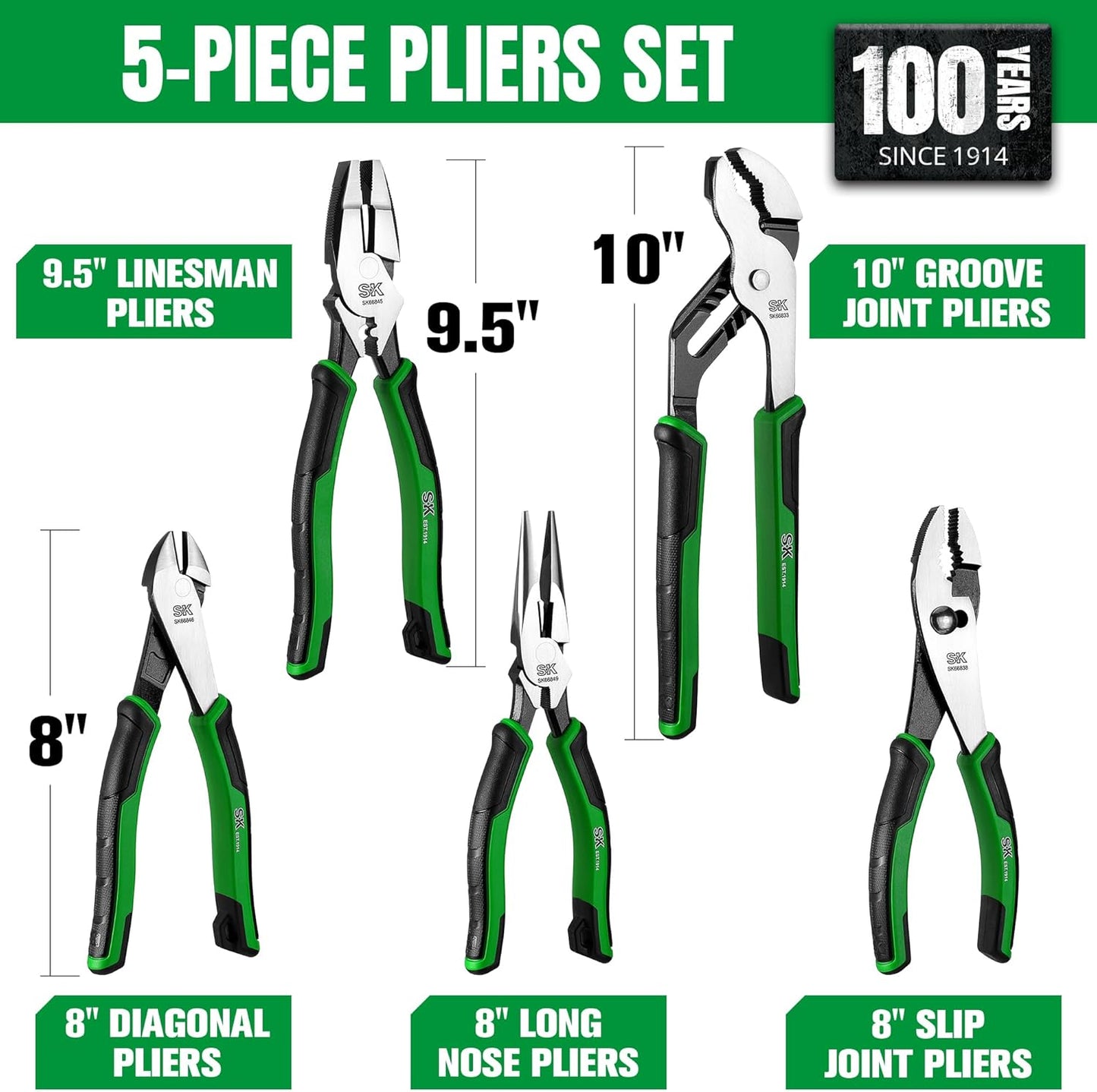 SK 5-Piece Pliers Set, 8" Long Nose, 9.5" Linesman, 8" Slip Joint, 8" Diagonal, and 10" Groove Joint, Premium CR-V Construction, with EVA Foam Tool Organizer