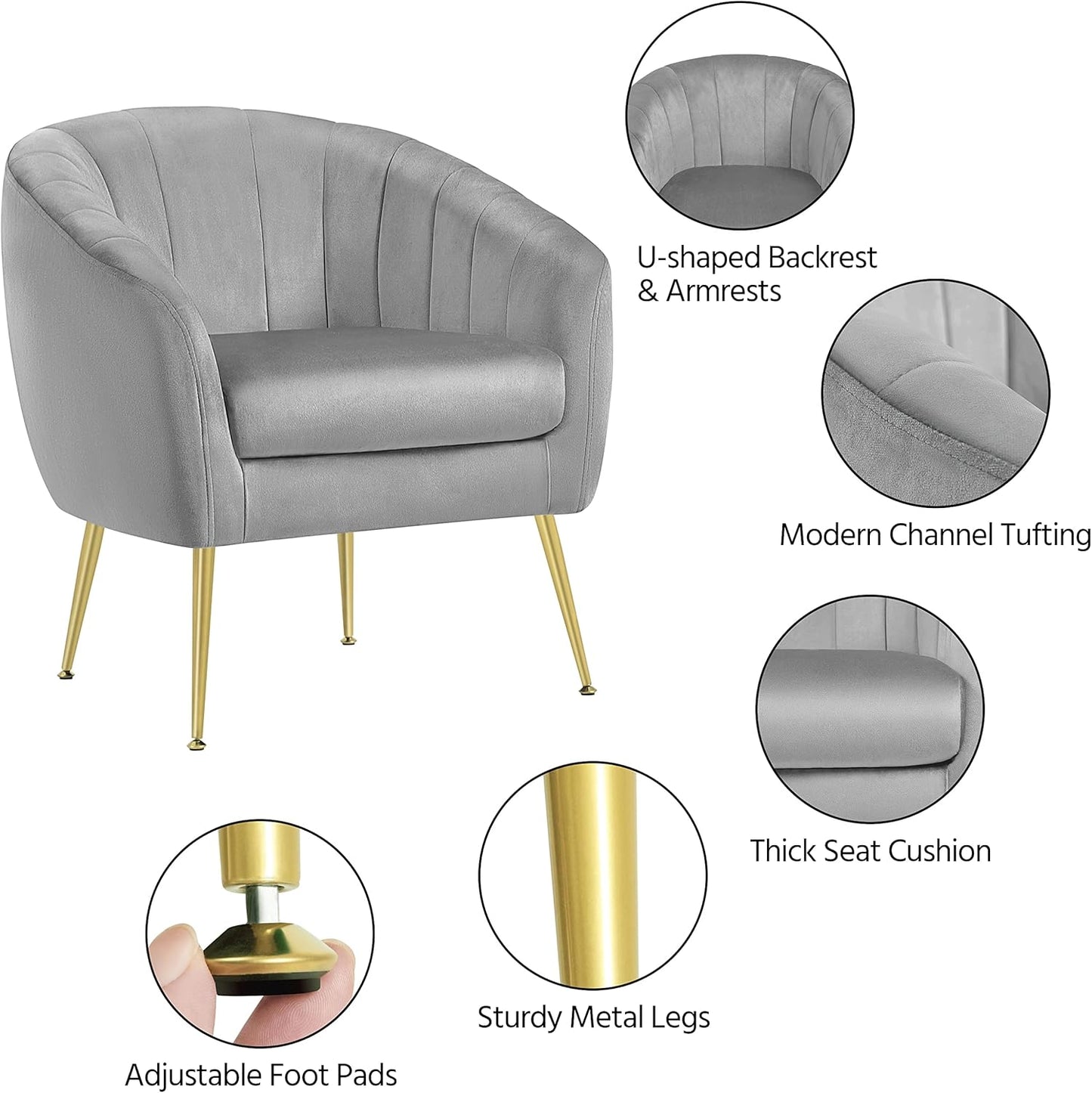 Topeakmart Velvet Accent Chair, Barrel Chair with Golden Metal Legs, Modern Leisure Chair for Living Room Bedroom Office Waiting Room, Set of 2, Gray