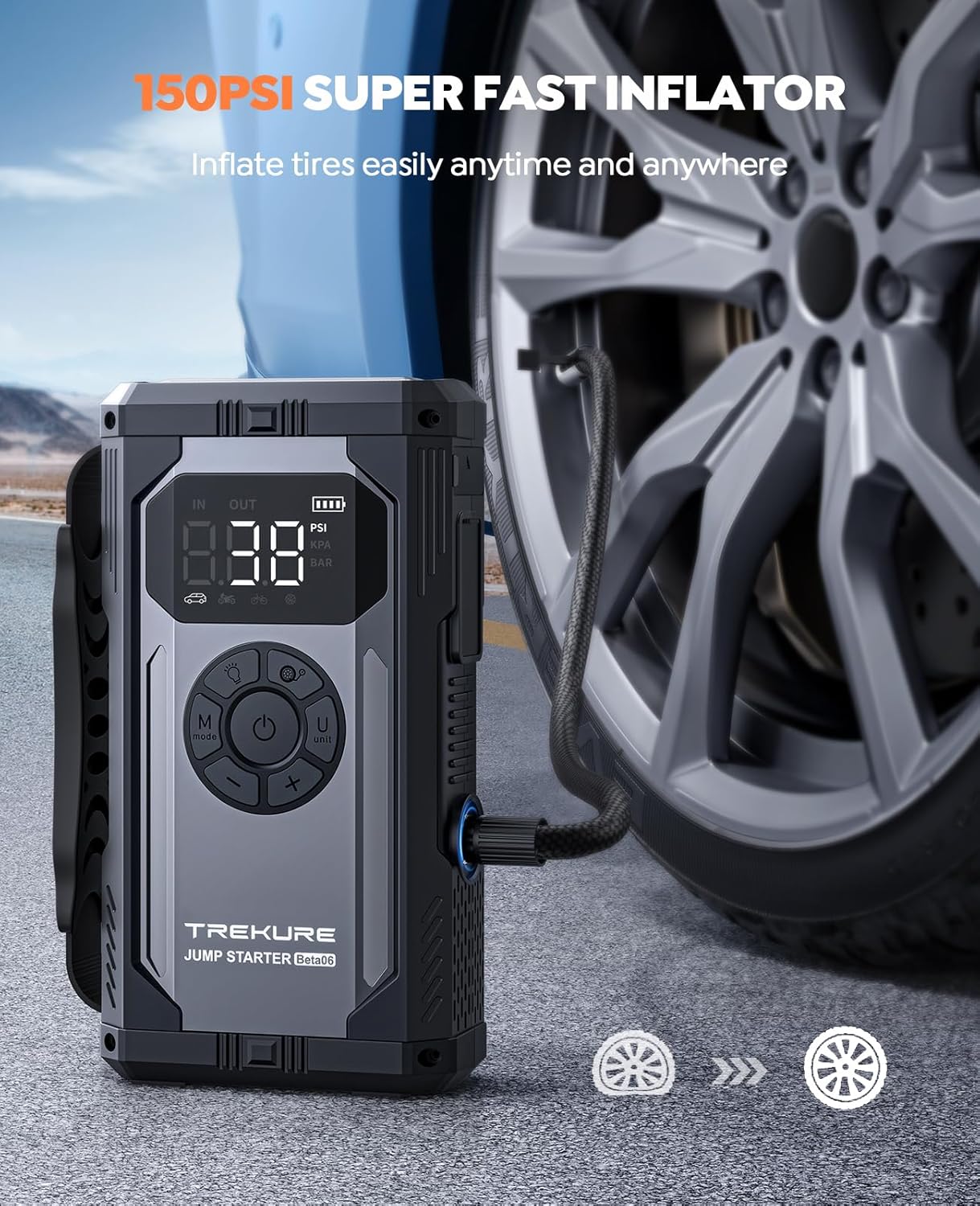 8-in-1 Jump Starter with Air Compressor 6000A 150PSI Portable Car Battery Jump Starter (All Gas/10L Diesel), 12V Jump Box Car Battery Jumper Starter Portable with Jumper Cables, Lights