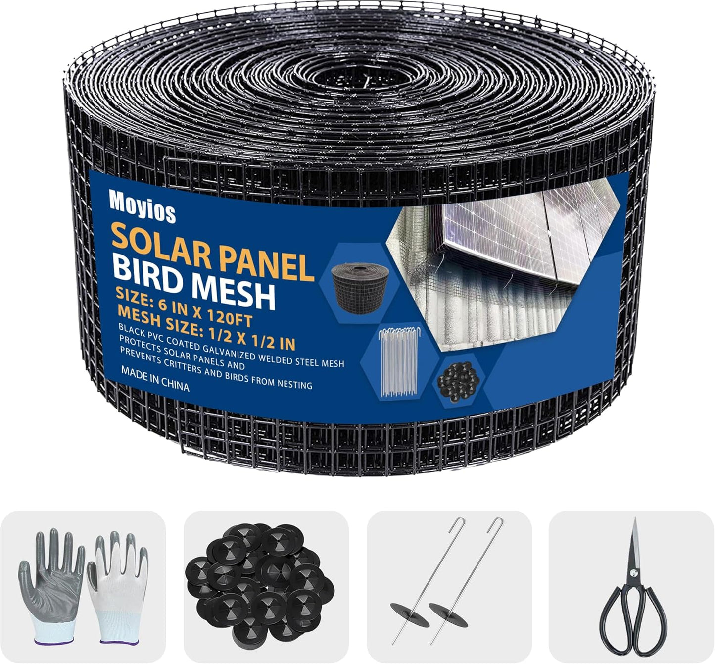 6in x 120ft Solar Panel Bird Mesh Black PVC Coated Steel Solar Panel Bird Guard Proofing| 60 Fastener Clips Prevents Birds, Pigeons, and Critter Guard from Getting Under The Solar Panels