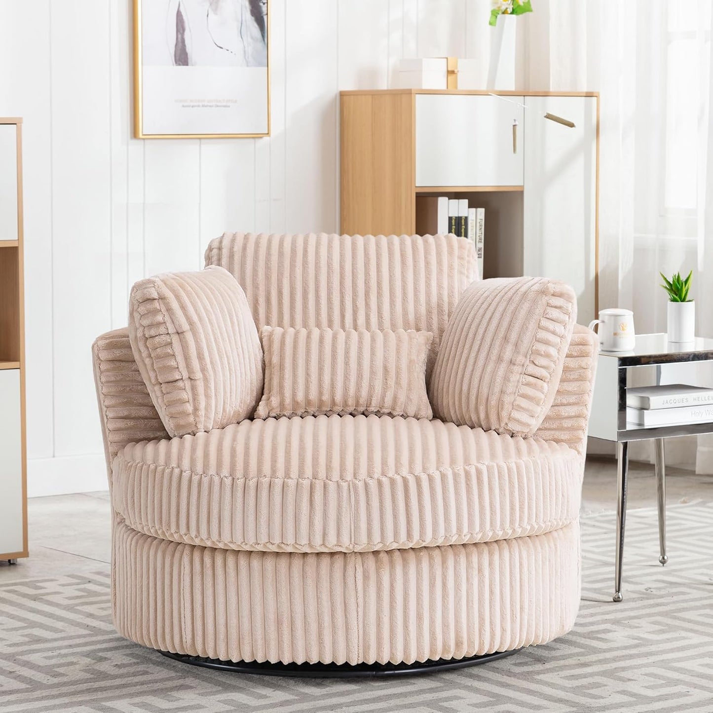 Swivel Accent Barrel Chair Oversized Modern Akili Upholstered Sofa Lounge Club Leisure Chair Round Chair for Hotel Living Room (Black)