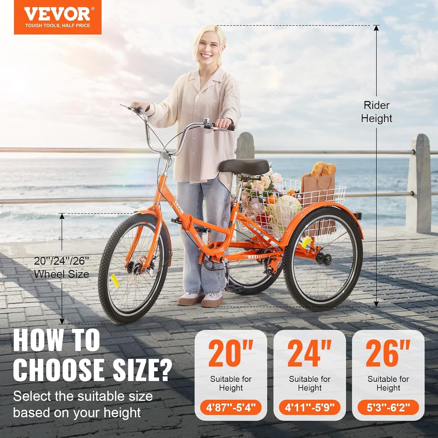 VEVOR Folding Adult Tricycle,Adult Folding Trikes, 3 Wheel Cruiser Bike with Large Basket & Adjustable Seat, Shopping Picnic Foldable Tricycles for Women, Men, Seniors