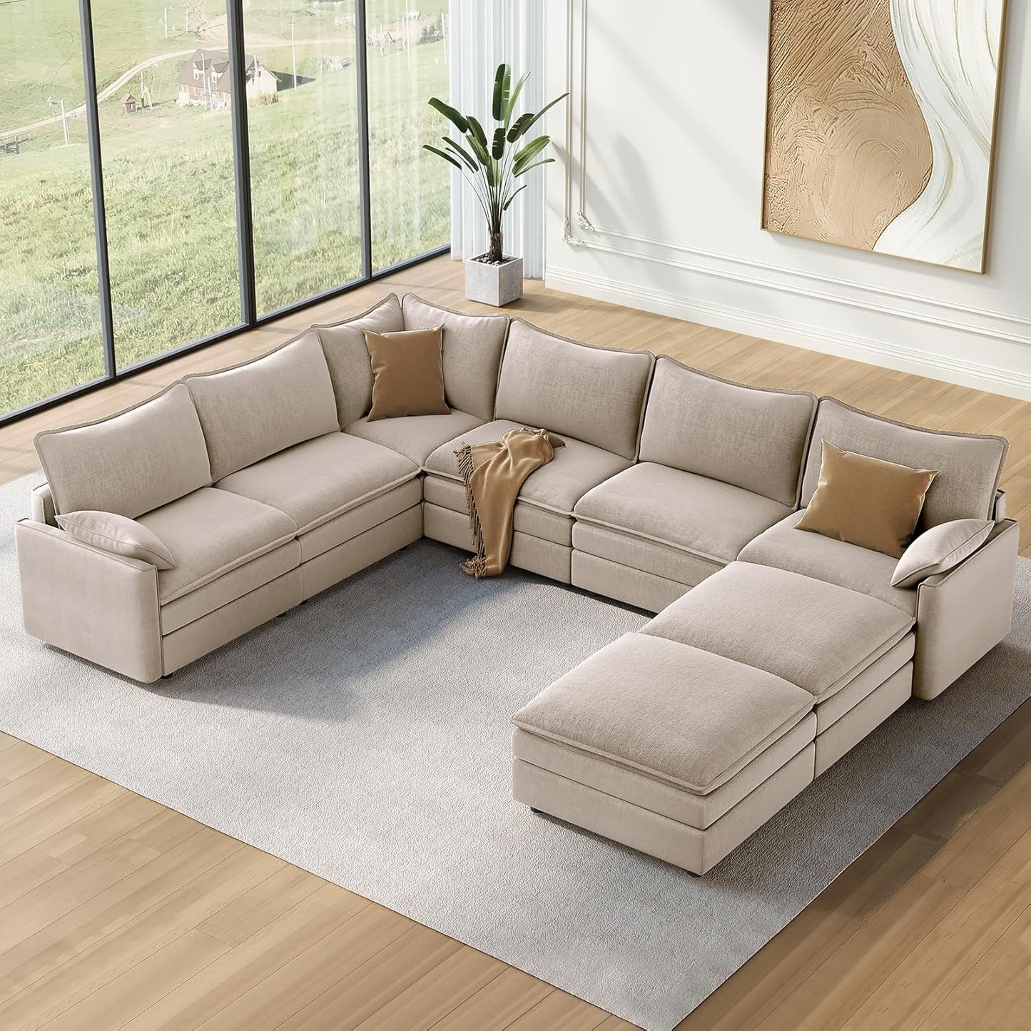 Vesgantti 108" Modular Sectional Sofa, Comfy Cloud Couch with Movable Ottoman Deep Seat Chenille L Shaped Modular Sofa, Sectional Couches for Living Room, Bedroom and Apartment, Beige