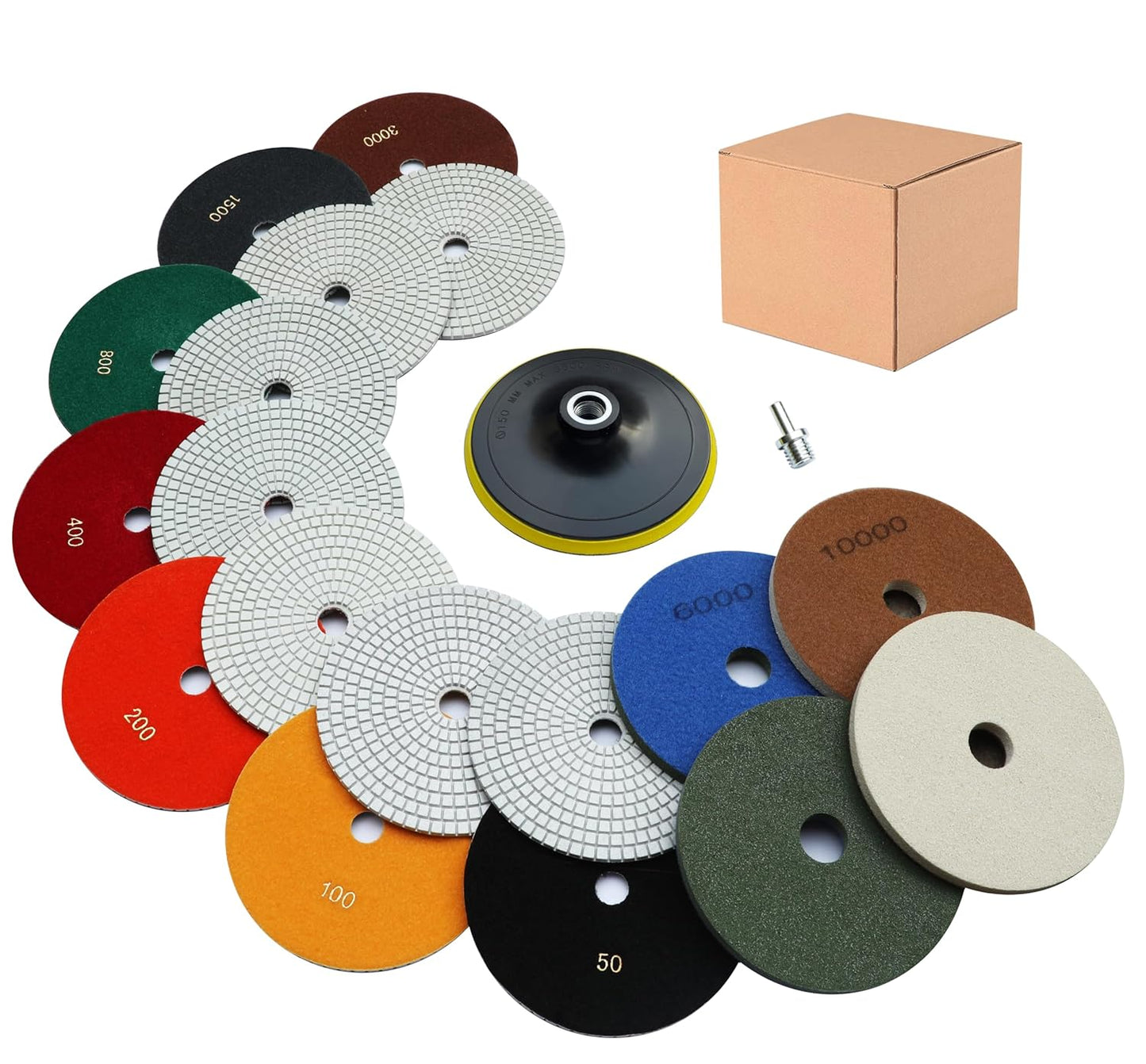 11 Packs 7 Inch Diamond Polishing Pads with 5/8"-11 Backer Pad 9 PCS Wet/Dry Polish Pad Kit for Drill Grinder Polisher 50-10000 Grit Pads for Marble Tile Quartz Granite Concrete Countertop