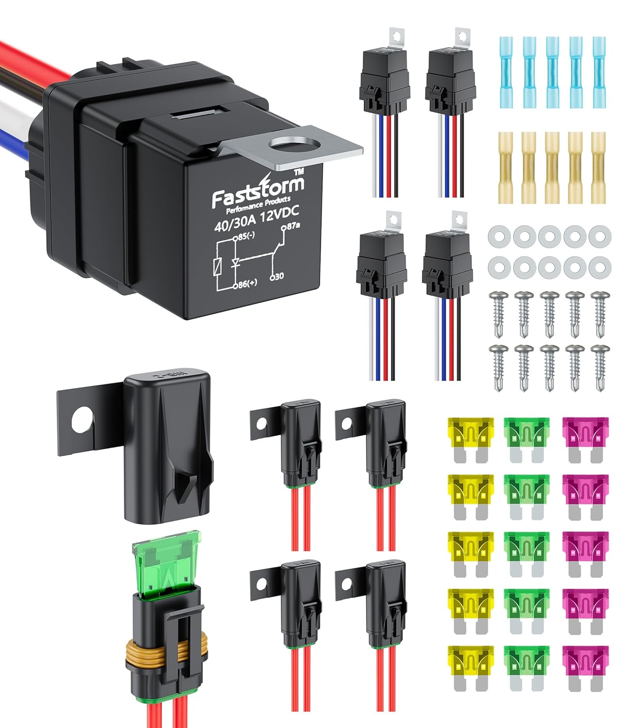 5 Pack 5-Pin Waterproof Relay Kit 40/30 AMP 12V Relay Switch with Harness Heavy Duty 12&16 AWG Tinned Copper Wires with 5x20A/30A/40A Inline Fuse SPDT for Automotive Car Marine Boat