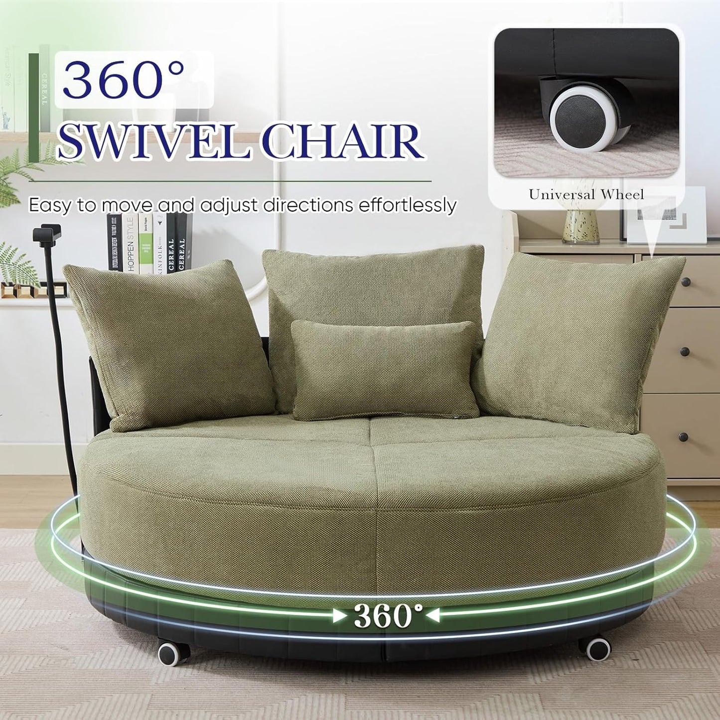 SLEERWAY Oversized Round Swivel Accent Chair, Large Circle Barrel Chair and A Half, Comfy Upholstered Lazy Sofa Couch with Phone Stand/Wheels, Chaise Lounge Daybed for Living Room, Bedroom, Green