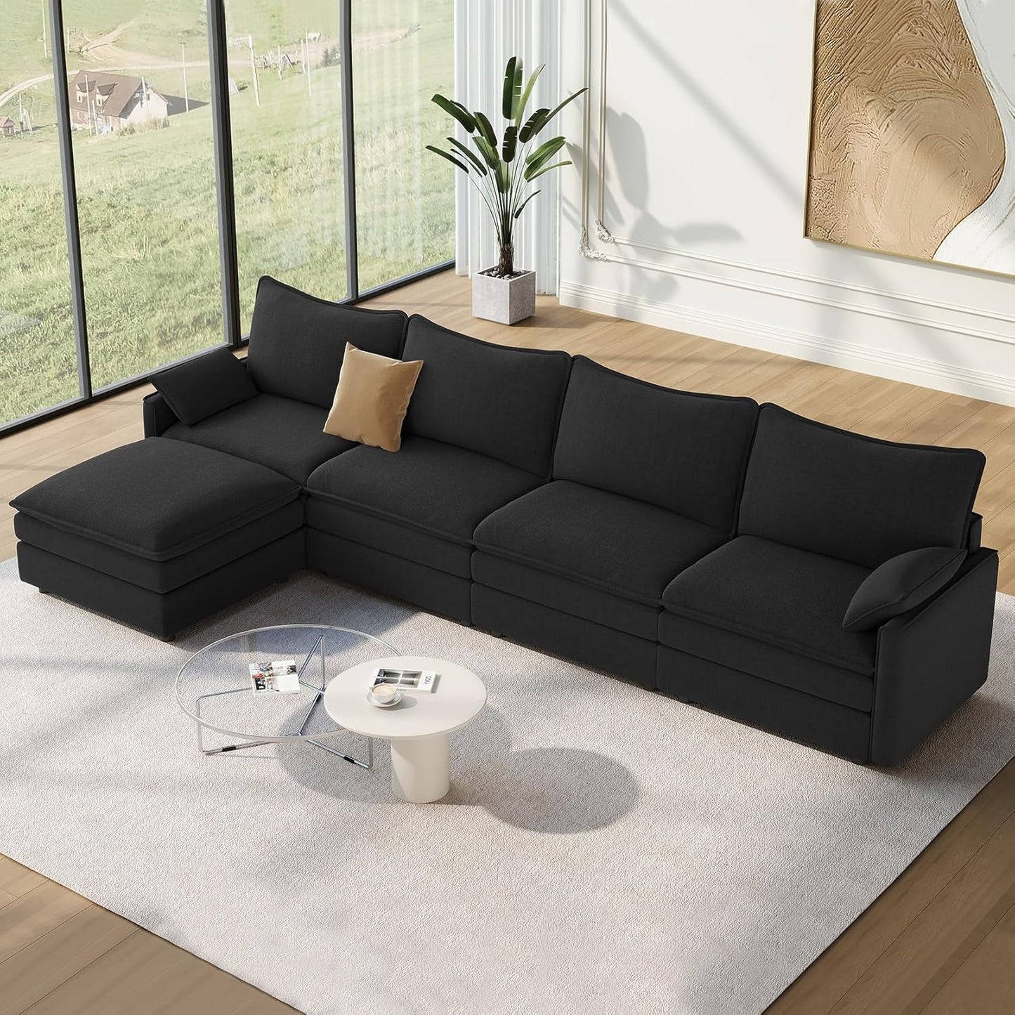 Vesgantti 108" Modular Sectional Sofa, Comfy Cloud Couch with Movable Ottoman Deep Seat Chenille L Shaped Modular Sofa, Sectional Couches for Living Room, Bedroom and Apartment, Beige