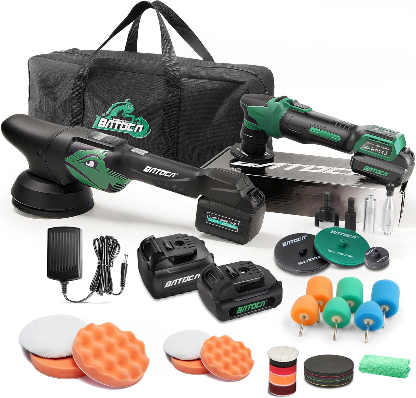 BATOCA S4 Cordless Polisher 3"/1" DA/RO Polisher- Brushless Motor & S2 Cordless Car Buffer - LED Display, 5Ah+2.5Ah Interchangeable Batteries for Car Detailing, Headlight Restoration, PRO Combo Kit