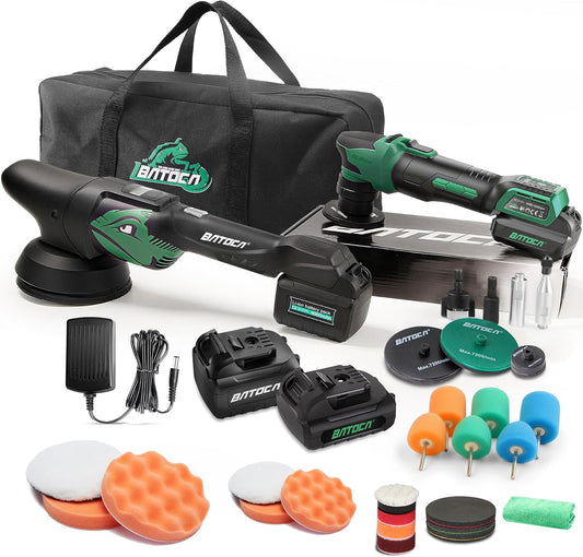 BATOCA S4 Cordless Polisher 3"/1" DA/RO Polisher- Brushless Motor & S2 Cordless Car Buffer - LED Display, 5Ah+2.5Ah Interchangeable Batteries for Car Detailing, Headlight Restoration, PRO Combo Kit