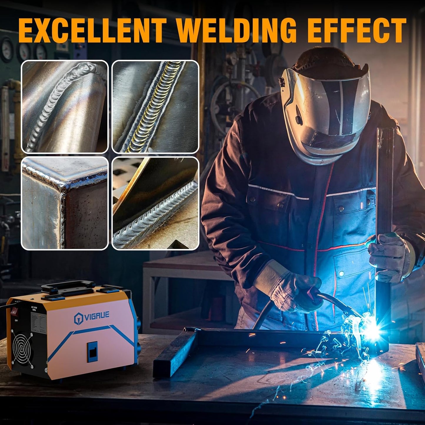 VIGRUE 140A MIG Welder, 110V IGBT Inverter Welder, Flux Core MIG/Lift TIG/Stick/MIG 3 in 1 Welding Machine with Synergic Control, LED Display & Full Kit (Welder Helmet, Gloves)
