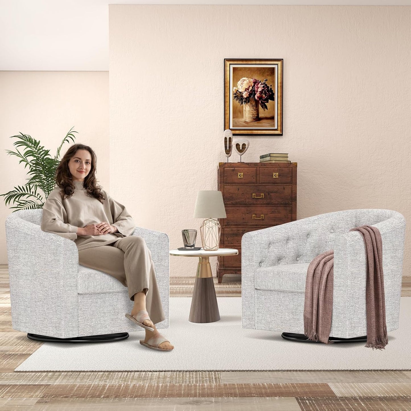 Simore Faux Leather Swivel Barrel Accent Chair Set of 2 for Living Room Bedroom, Comfy Modern Round Swivel Chair with Removable Pillow, Dark Brown