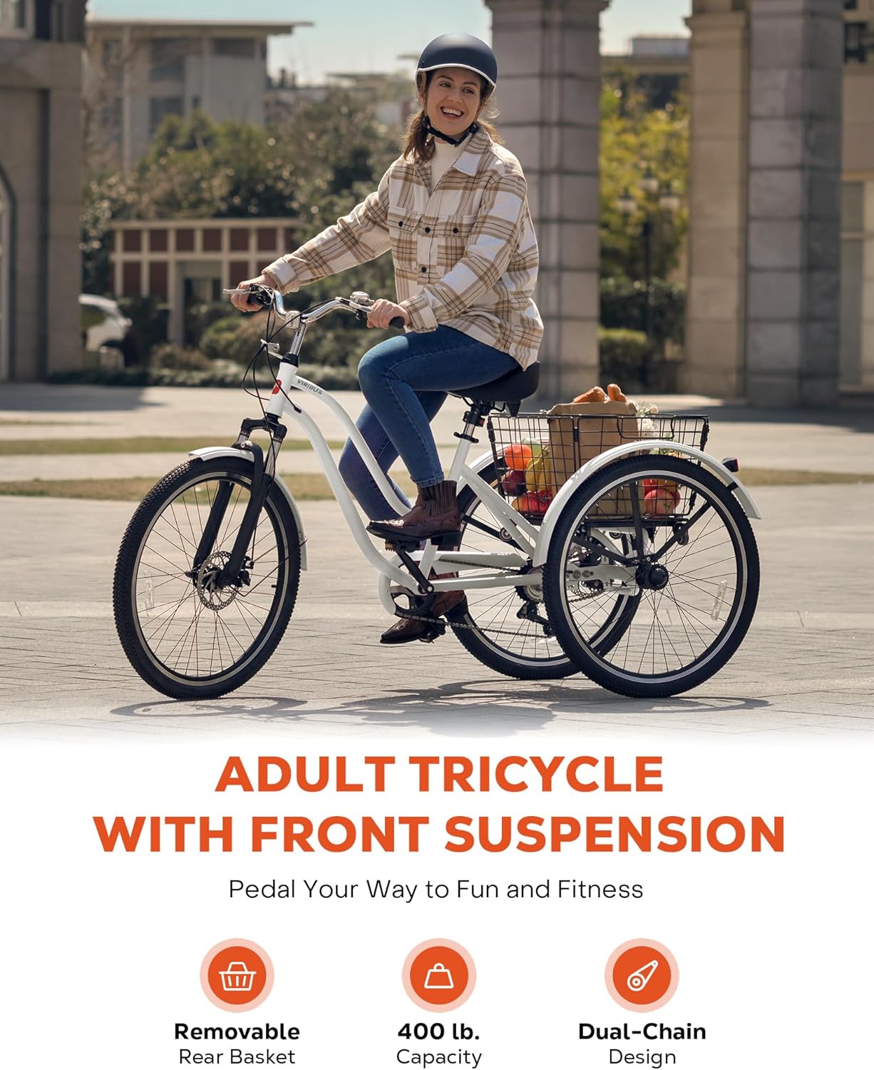Viribus Adult Tricycle, 7 Speed Tricycle for Adults with Front Suspension and Removable Basket, 24 26 inch 3 Wheel Bike for Adults Dual Chain, Adult Trike for Men Women Seniors, 400 lb.