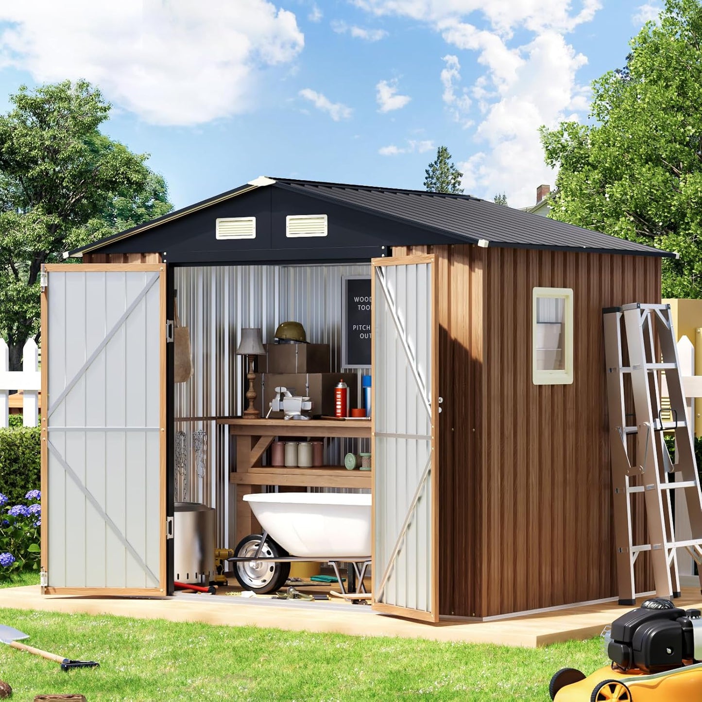 6X4FT Garden Storage Shed with Frame Floor & Lockable Door,Steel Tool Shed with 1 Clear Window, Anti-Corrosion Metal Shed for Backyard Patio Lawn (Light Wood Grain)