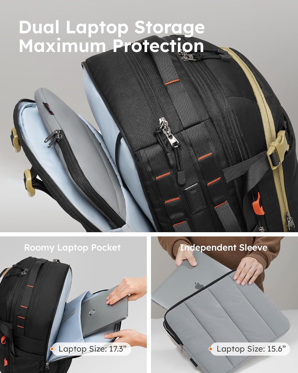 Tolaccea Carry on Travel Backpack, TSA Friendly Flight Approved Laptop Backpack Duffle Bag for Men Women with Dual Laptop Storage for 17.3", USB Charging Port, Business Rucksack 40L-50L Expandable