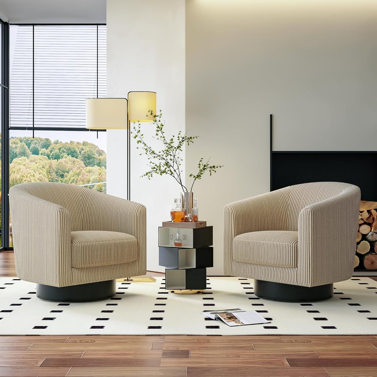 Swivel Accent Chairs Set of 2, 360° Bucket Chair, Modern Upholstered Barrel Armchair, Comfy Corduroy Single Sofa for Living Room Bedroom. Forest Green