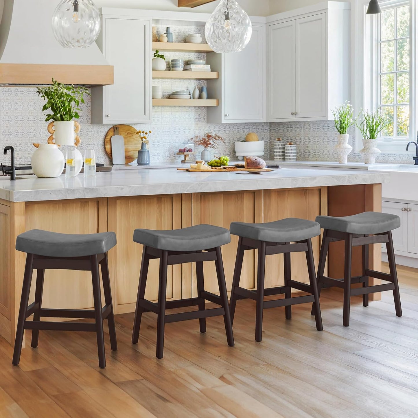Bar Stools Set of 3, Barstools with Sturdy Wood Legs, Saddle Seat Counter Height Bar Stools for Kitchen Counter, Bar, Dining, 24 Inch Farmhouse Counter Stools, Antique White Leather