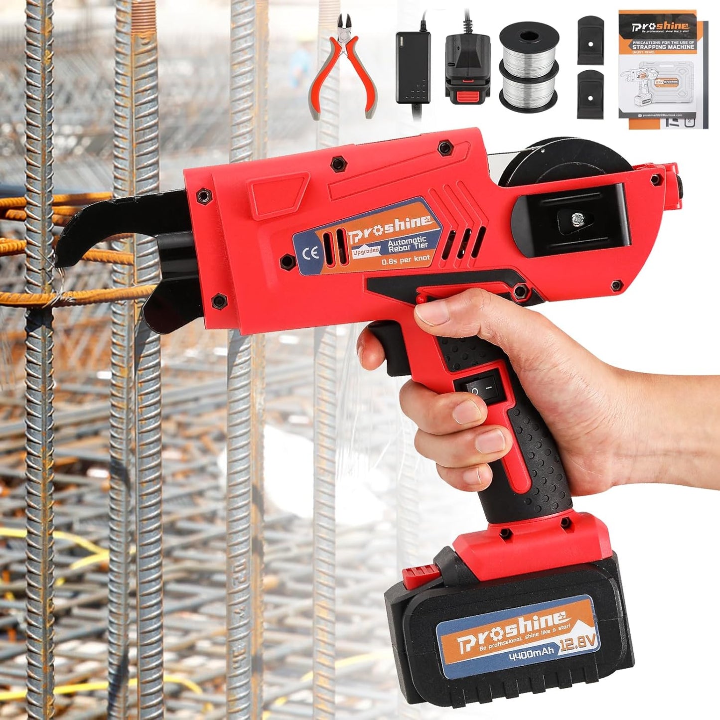 Automatic Rebar Tier 0.3"-1.3" Rebar Tie Rebar Tying Gun + 4400mAh Rechargeable Battery + 2PCS Rebar Tie Wire Rebar Tier Tying Machine 0.8S a Knot