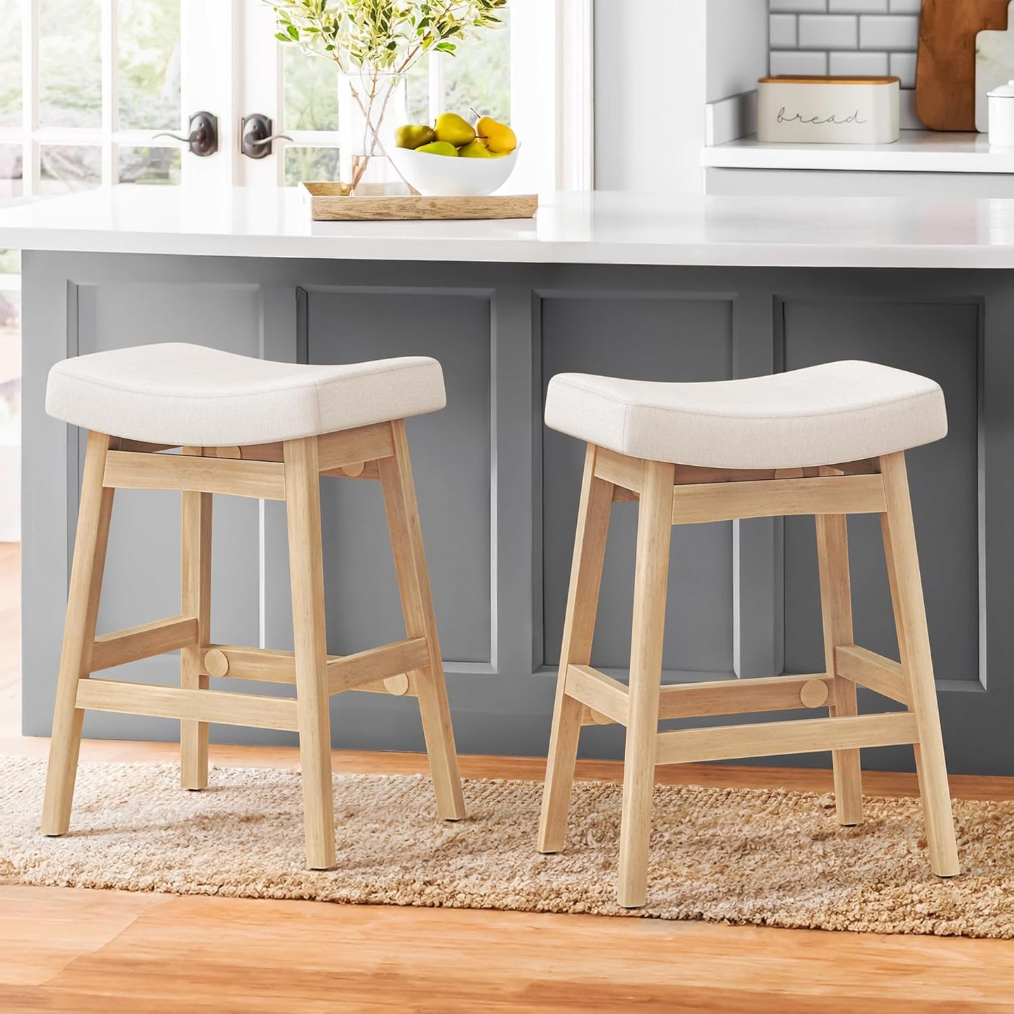 Bar Stools Set of 3, Barstools with Sturdy Wood Legs, Saddle Seat Counter Height Bar Stools for Kitchen Counter, Bar, Dining, 24 Inch Farmhouse Counter Stools, Antique White Leather