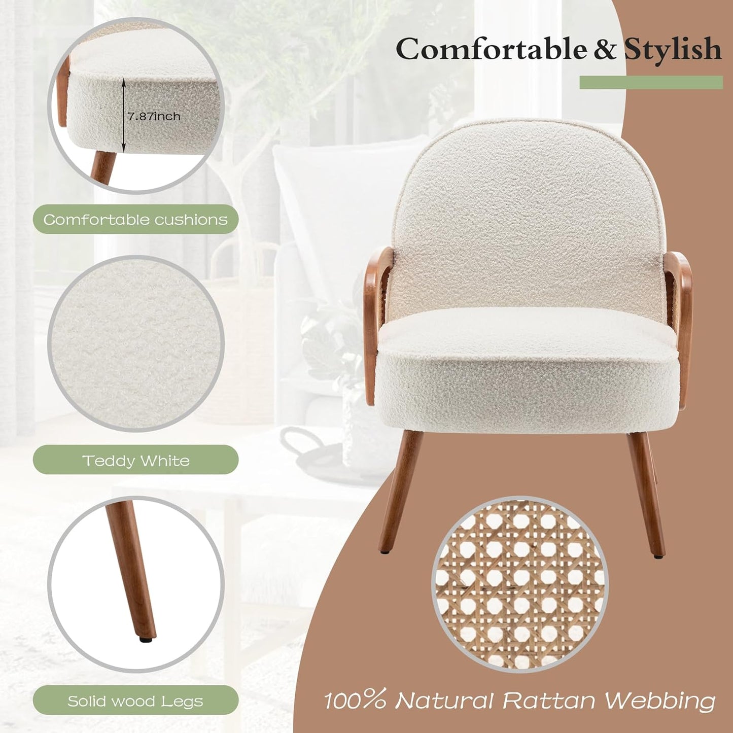 Aklaus Mid Century Modern Accent Chair Set of 2 Upholstered Rattan Arm Chairs Sherpa Teddy Fabric Reading Chairs for Living Room Bedroom Balcony Hobo Accent Chairs Side Chairs Club Chairs White