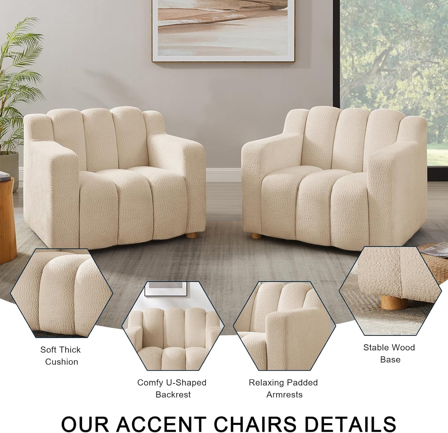 40" W Oversized Accent Chairs, Modern Boucle Armchair with Deep Seat and Wide Arms, Comfy Sherpa Fabric Single Sofa Reading Chair for Living Room, Bedroom, Book Nook, Beige