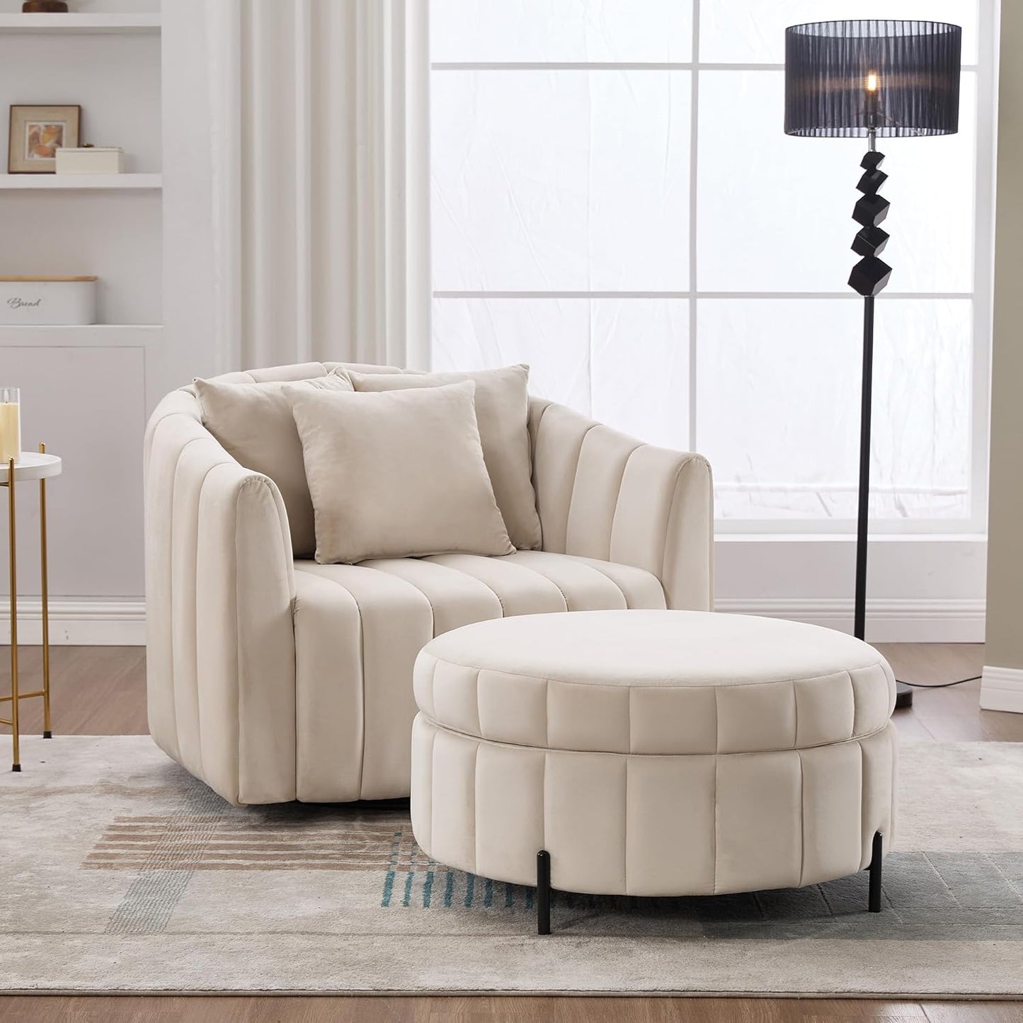 40" W Upholstered Oversized 360° Swivel Accent Barrel Chair and Half Cozy Sofa with Removable Pillows, Velvet Club Armchair for Living Room Bedroom Office Lounge, Black