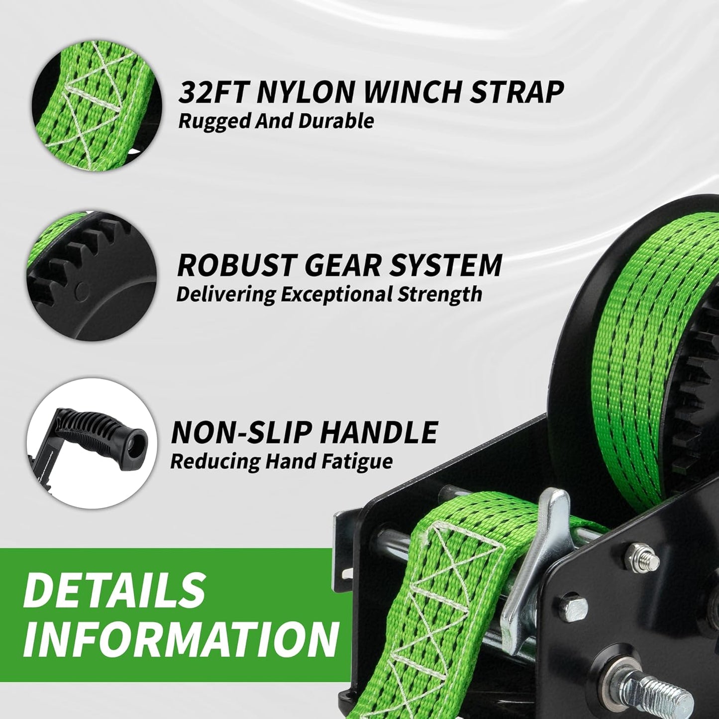 AC-DK 3200lbs Heavy Duty Boat Trailer Winch with 32FT Strap,2-Way Ratchet 4:1/8:1 Gear Trailer Winch,Portable Hand Crank Winch for Boat, Truck, Trailer, RV, ATV, Jet Ski