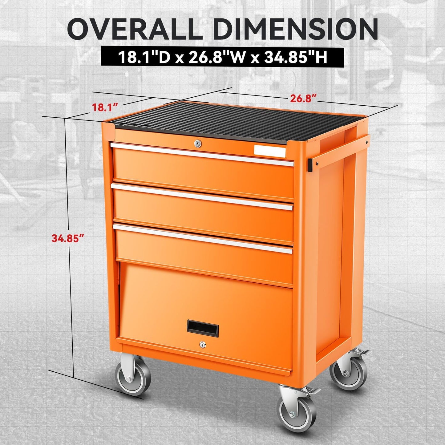 Auto Dynasty 3-Drawer Rolling Tool Cabinet, Roller Cart Tool Cabinet Storage Chest Box with Wheels and Key Lock for Garage Warehouse Workshop, Orange