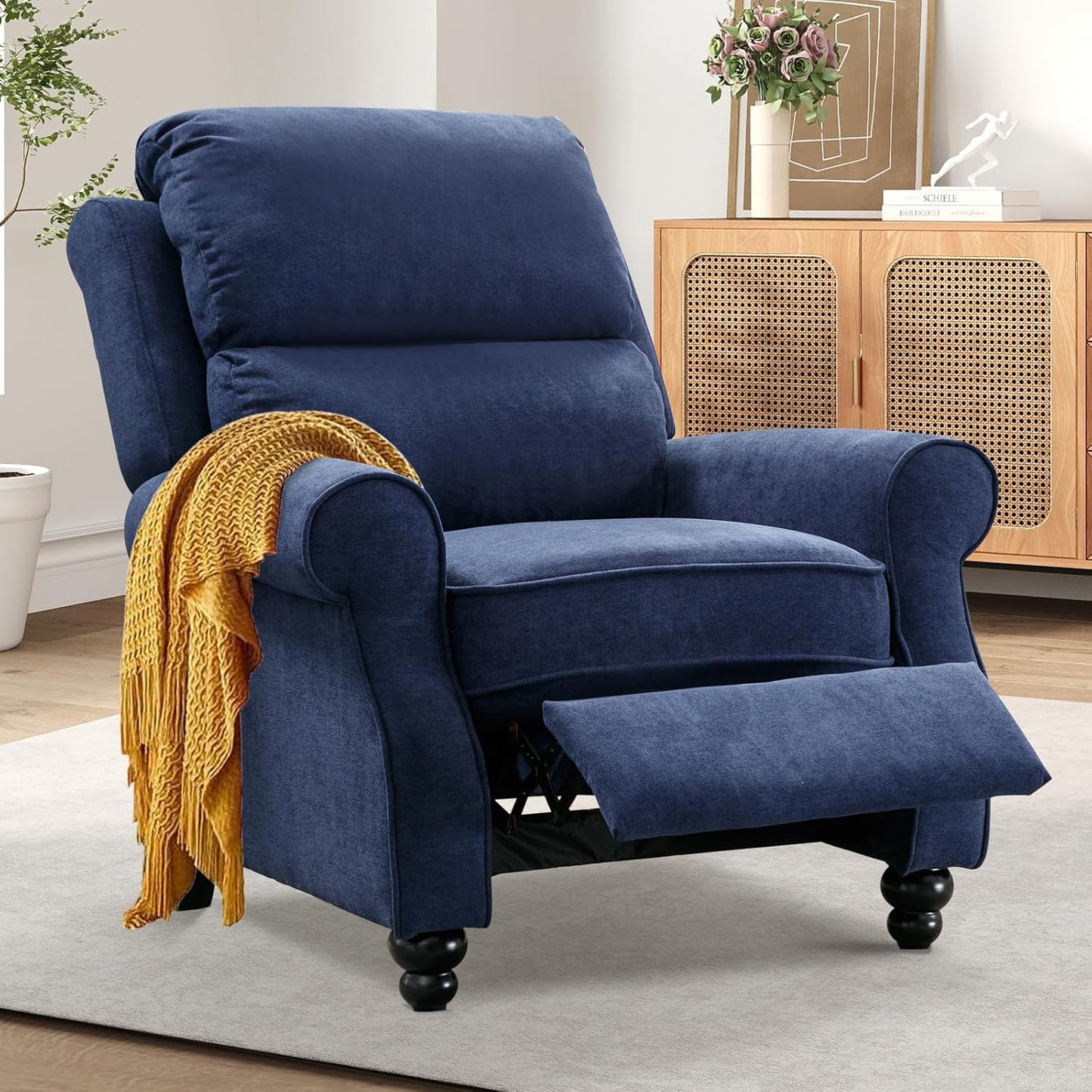 Bonzy Home Pushback Recliner Chair Set of 2, Push Back Reclining Chair with Padded Seat, Comfy Fabric Recliner for Living Room Bedroom Home Theater, Navy Blue
