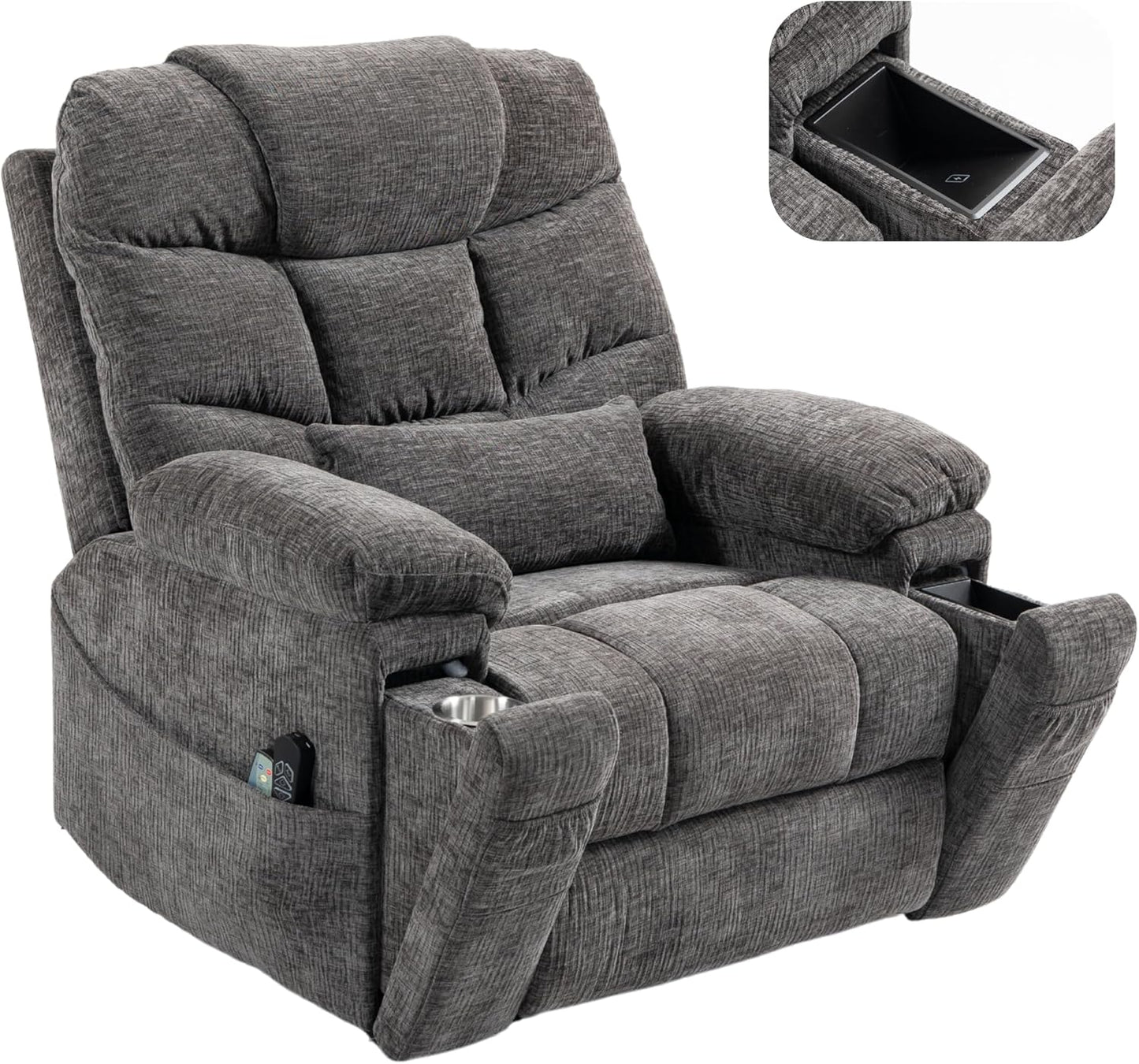 4-Motor Power Lift Chair with Heat & Massage - Power Adjustable Headrest, Backrest, Lumbar & Footrest - 27-inch Wide Seat Lay Flat Recliner, 8-Point Massage (Lumbar Heating)