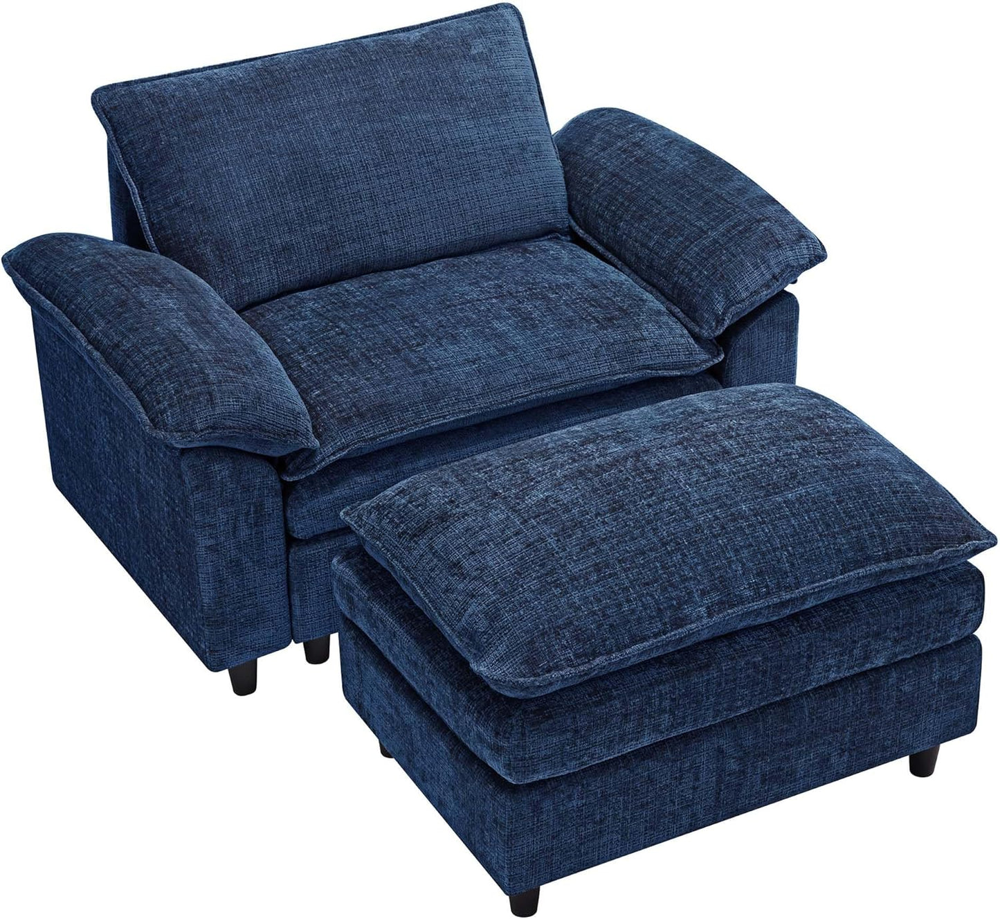 51.9" Blue Oversized Cloud Accent Chair with Ottoman, Modern Chaise Lounge Indoor, Comfy Chenille Single Sofa Couch Chair for Living Room Apartment Office