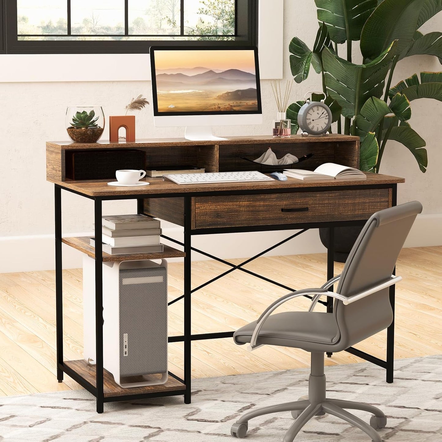 Tangkula Computer Desk with Storage Drawer & Monitor Stand, 48” Home Office Writing Desk with 2 Open Shelves & Compartments, Computer Workstation Writing Study Desk with Metal Frame (Rustic Brown)