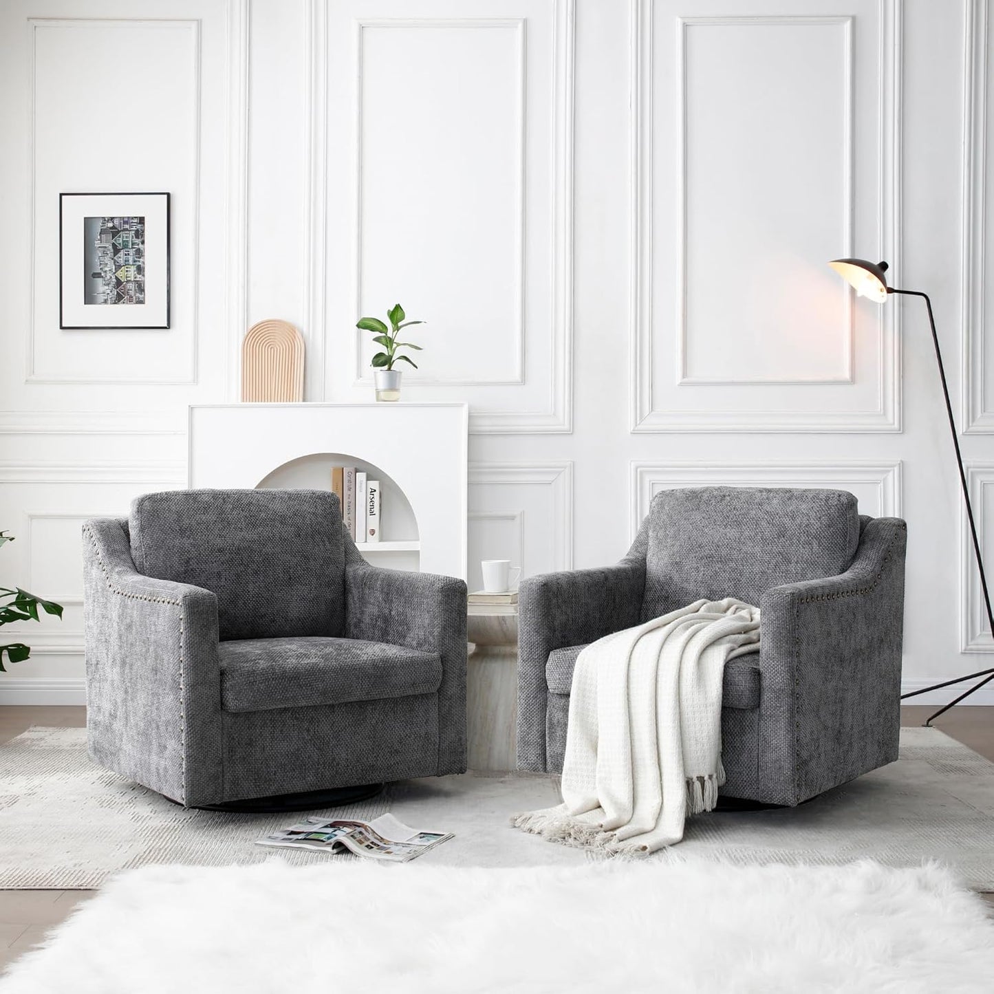Swivel Accent Chair Oversized Arm Chair with Chenille Fabric Comfy Reading Barrel Chair Modern Living Room Chair with Thick Soft Cushion Wide Single Sofa Chair for Living Room (Beige, Set of 2)