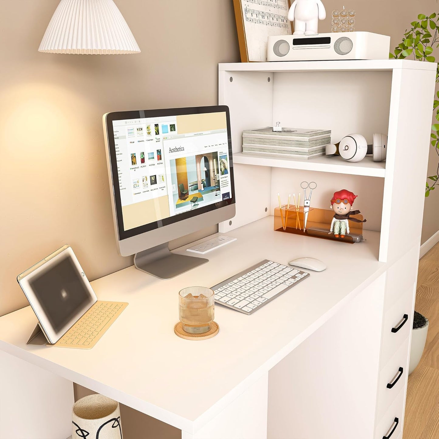 43" Small Gaming Desk with with 3 Drawers and 4 Shelves, White Computer Desk with Hutch and Storage Shelves, Home Office Desk with 4-in-1 Power Outlet Suitable for a Variety of Places