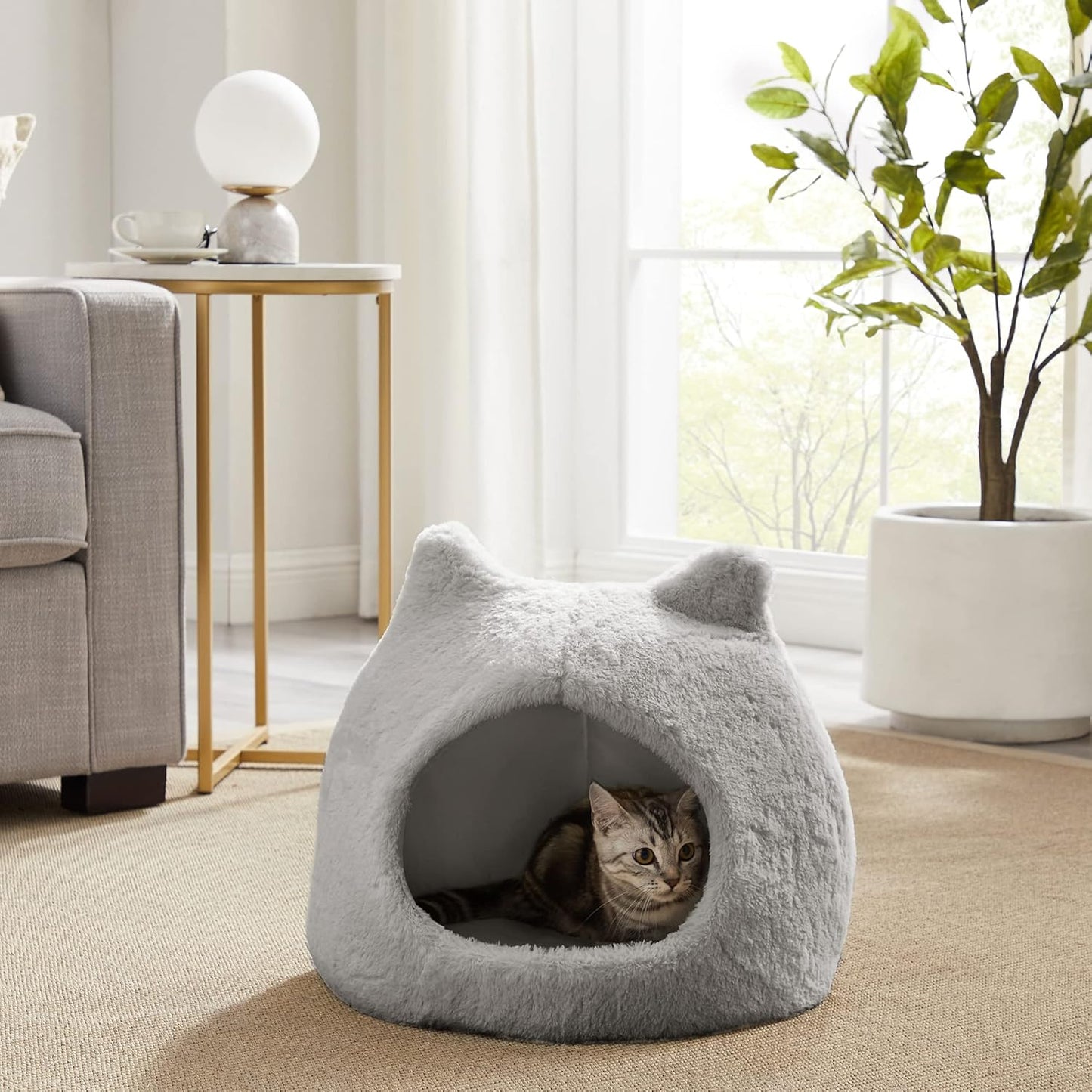 Best Friends by Sheri Meow Hut Fur Dome Pet Bed – Covered Cat Cave for Cats & Small Dogs up to 15 lbs, Faux Fur Hideaway with Water-Resistant Bottom, Machine Washable, Gray