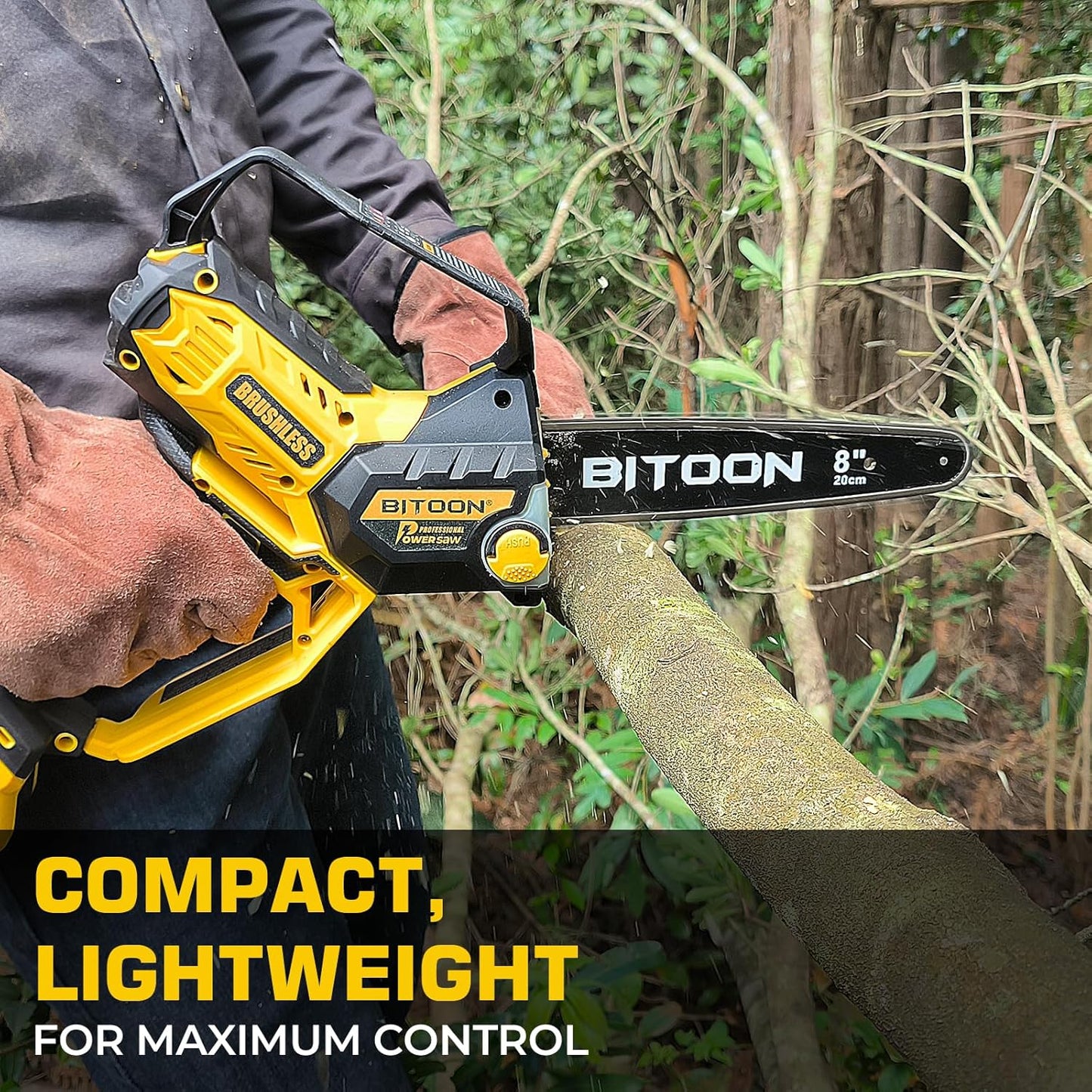 BITOON 8-Inch Mini Chainsaw with 2PCS 3.0Ah Battery and Charger, Auto-Oiler, Brushless Cordless 8-Inch and 6-Inch 2-in-1 Pruning Chain Saw, Portable Electric Chainsaw for Cutting Wood, Branches Yellow