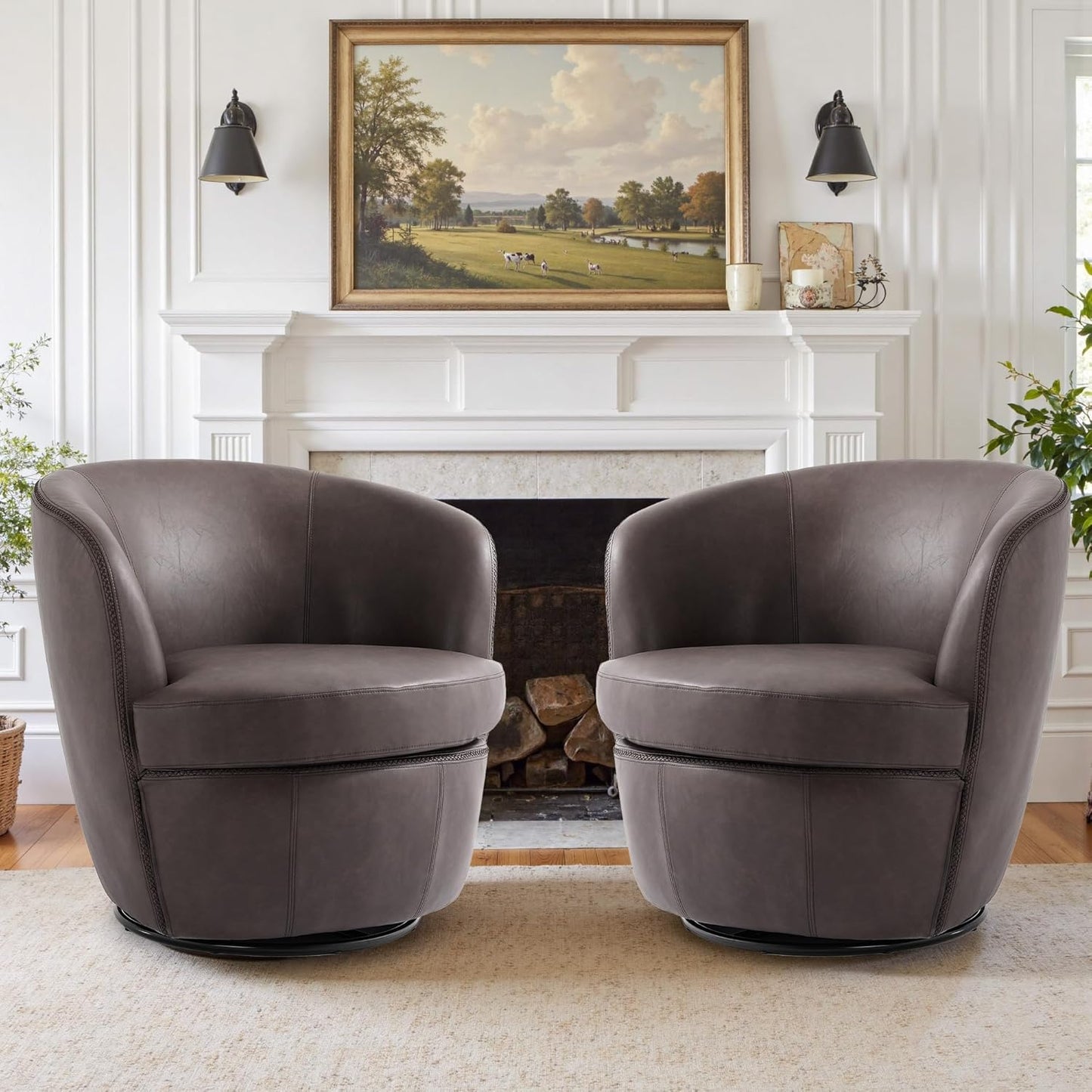 Swivel Barrel Chair, Modern Round PU Leather Accent Armchair for Living Room, Bedroom, Oversized Comfy Club Reading Chairs for Adults (Leather Red Brown, Set of 1)