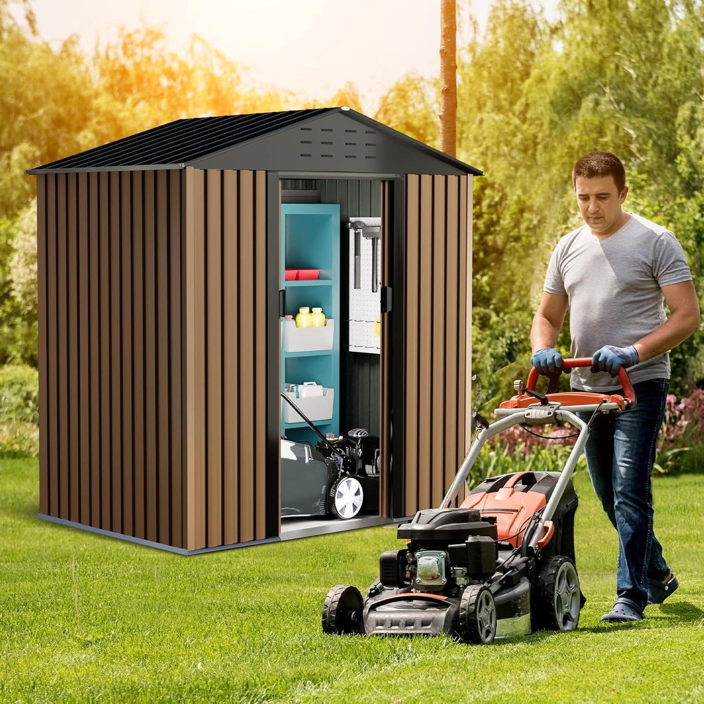 6 x 4 FT Storage Shed, Outdoor Metal Storage Shed, Metal Garden Tool Shed with Roof, Door & Lock, Waterproof and Anti-UV, for Patio Garden Yard, Brown
